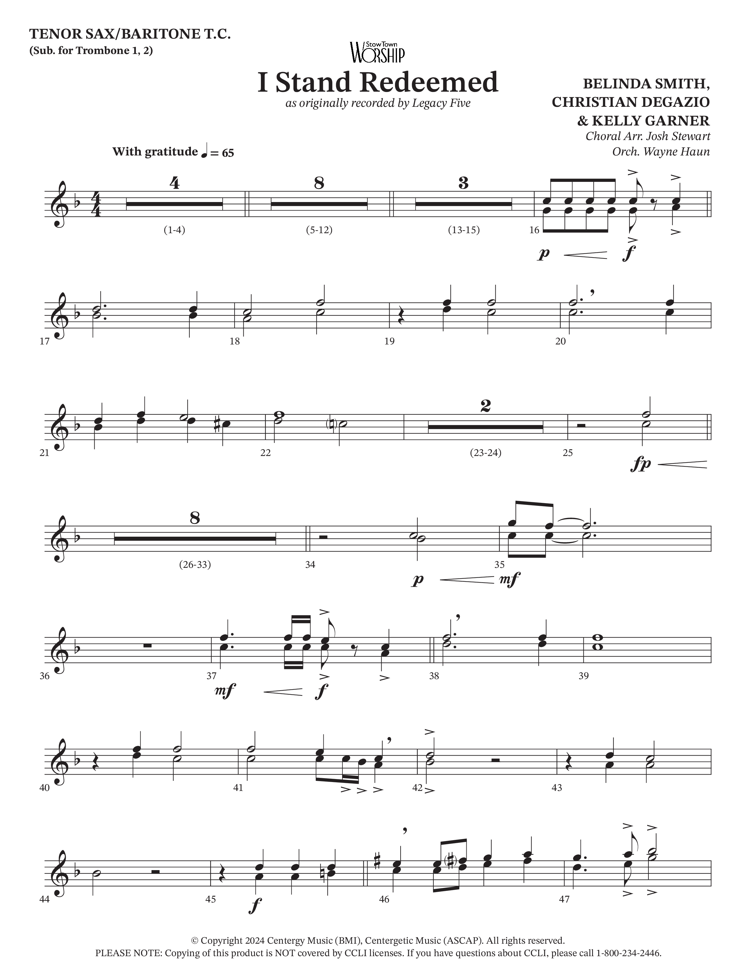 I Stand Redeemed (Choral Anthem SATB) Tenor Sax/Baritone T.C. (Arr. Josh Stewart / Orch. Wayne Haun / Legacy Five)