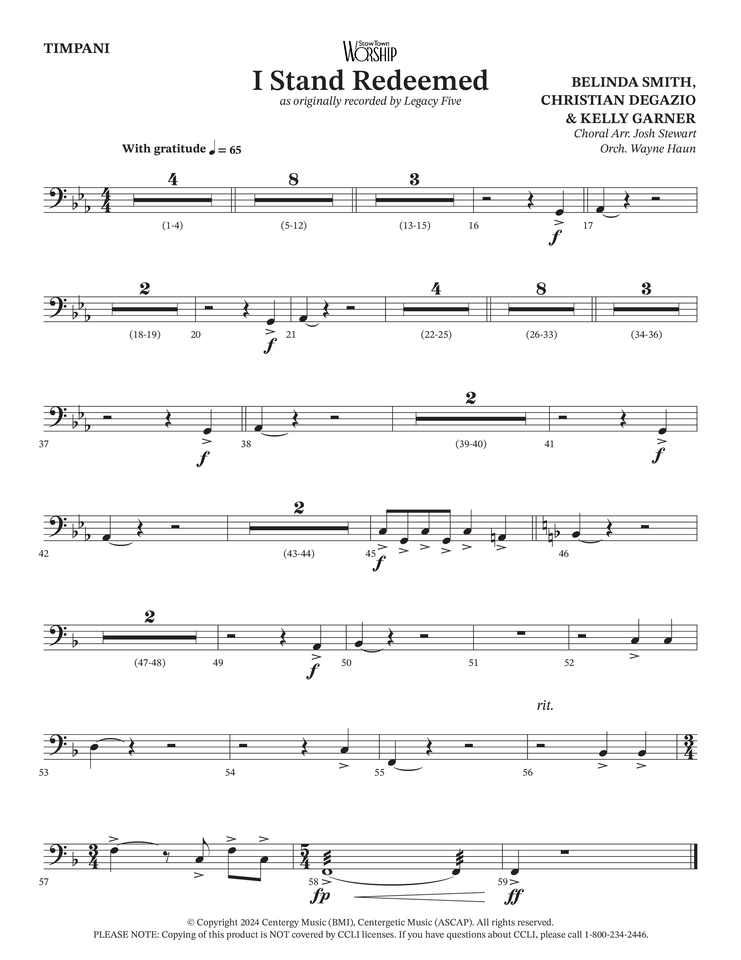 I Stand Redeemed (Choral Anthem SATB) Timpani (Arr. Josh Stewart / Orch. Wayne Haun / Legacy Five)