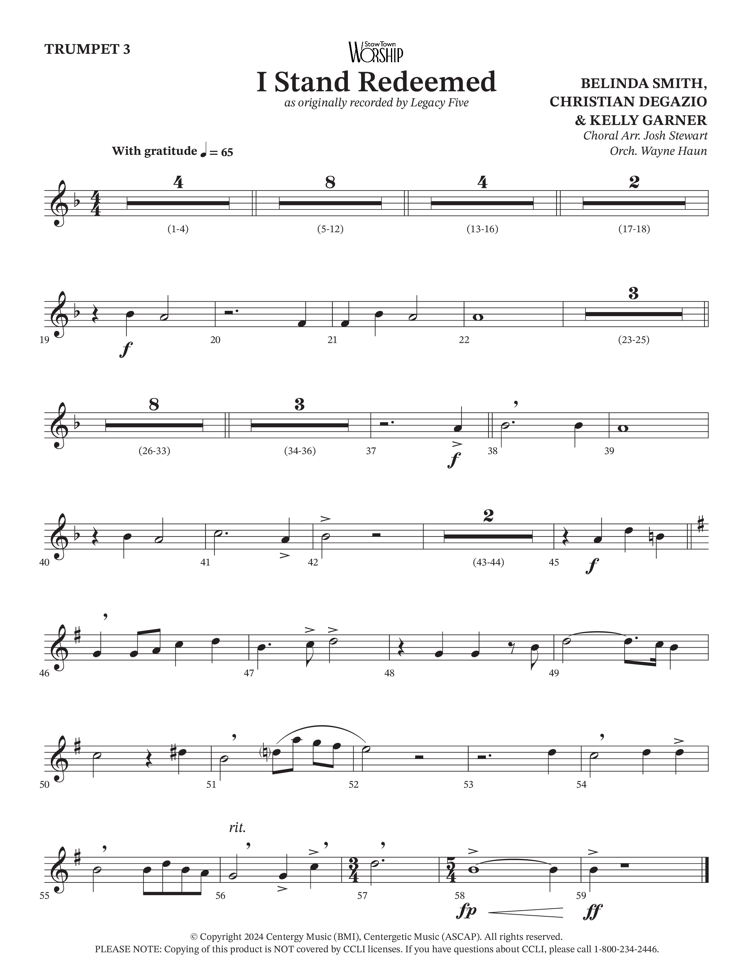 I Stand Redeemed (Choral Anthem SATB) Trumpet 3 (Arr. Josh Stewart / Orch. Wayne Haun / Legacy Five)