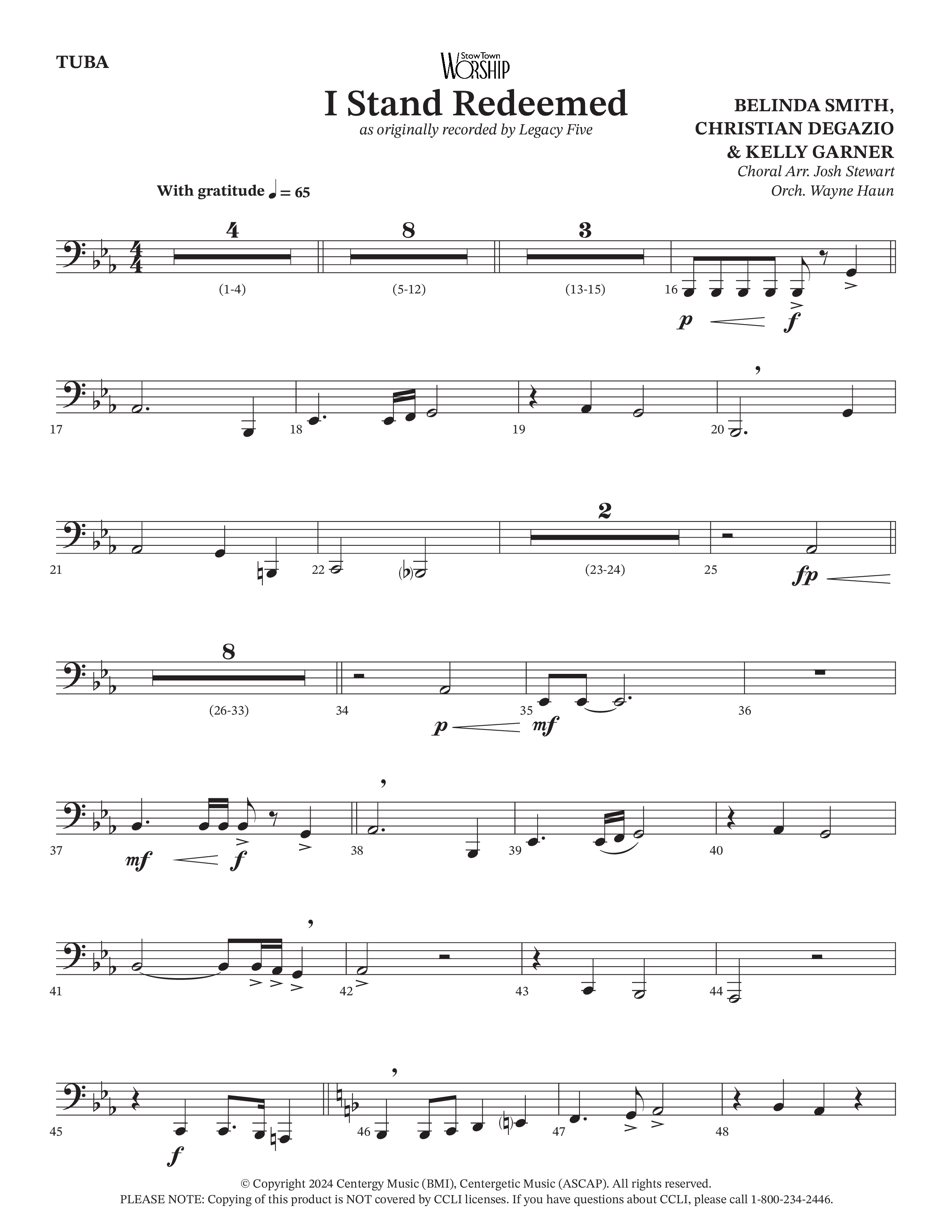 I Stand Redeemed (Choral Anthem SATB) Tuba (Arr. Josh Stewart / Orch. Wayne Haun / Legacy Five)