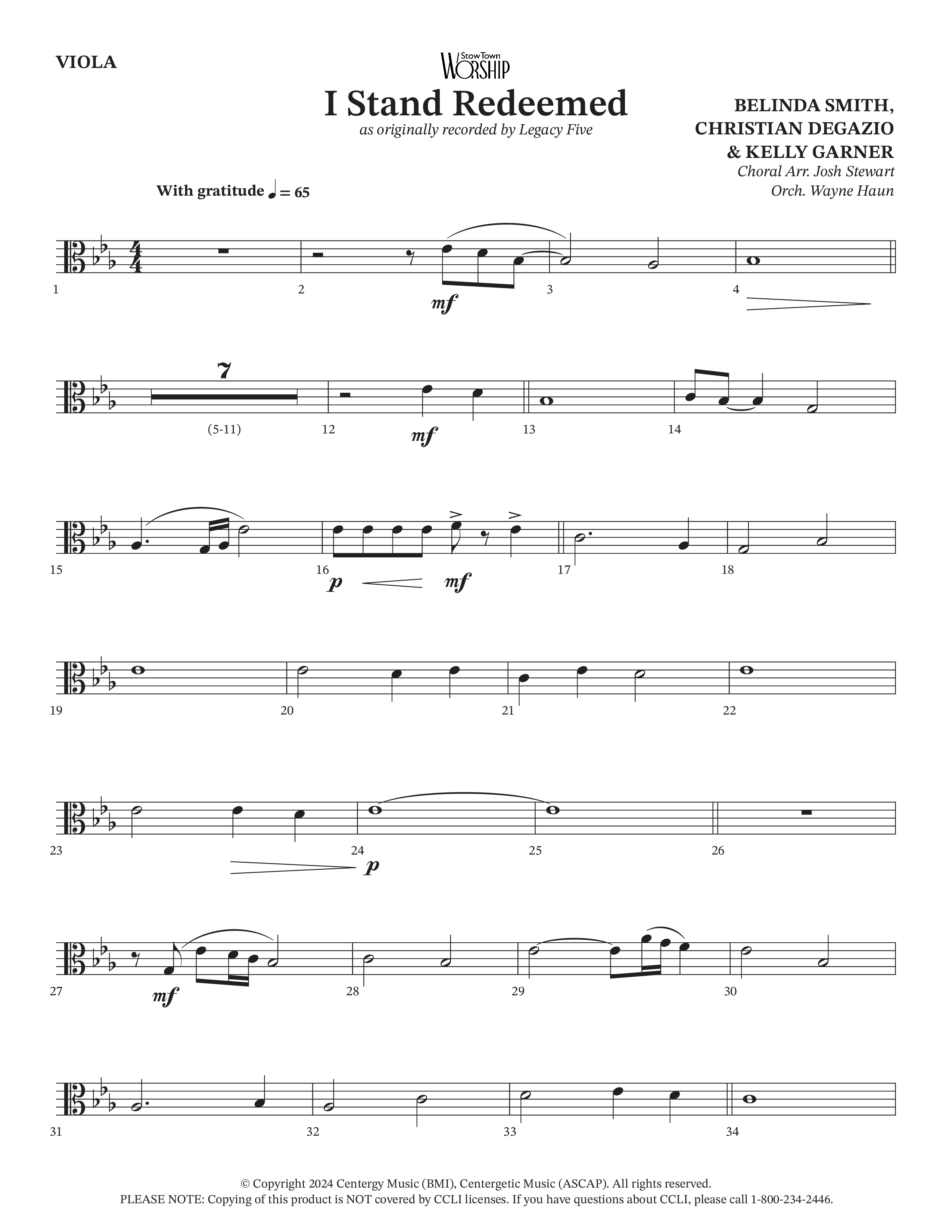 I Stand Redeemed (Choral Anthem SATB) Viola (Arr. Josh Stewart / Orch. Wayne Haun / Legacy Five)
