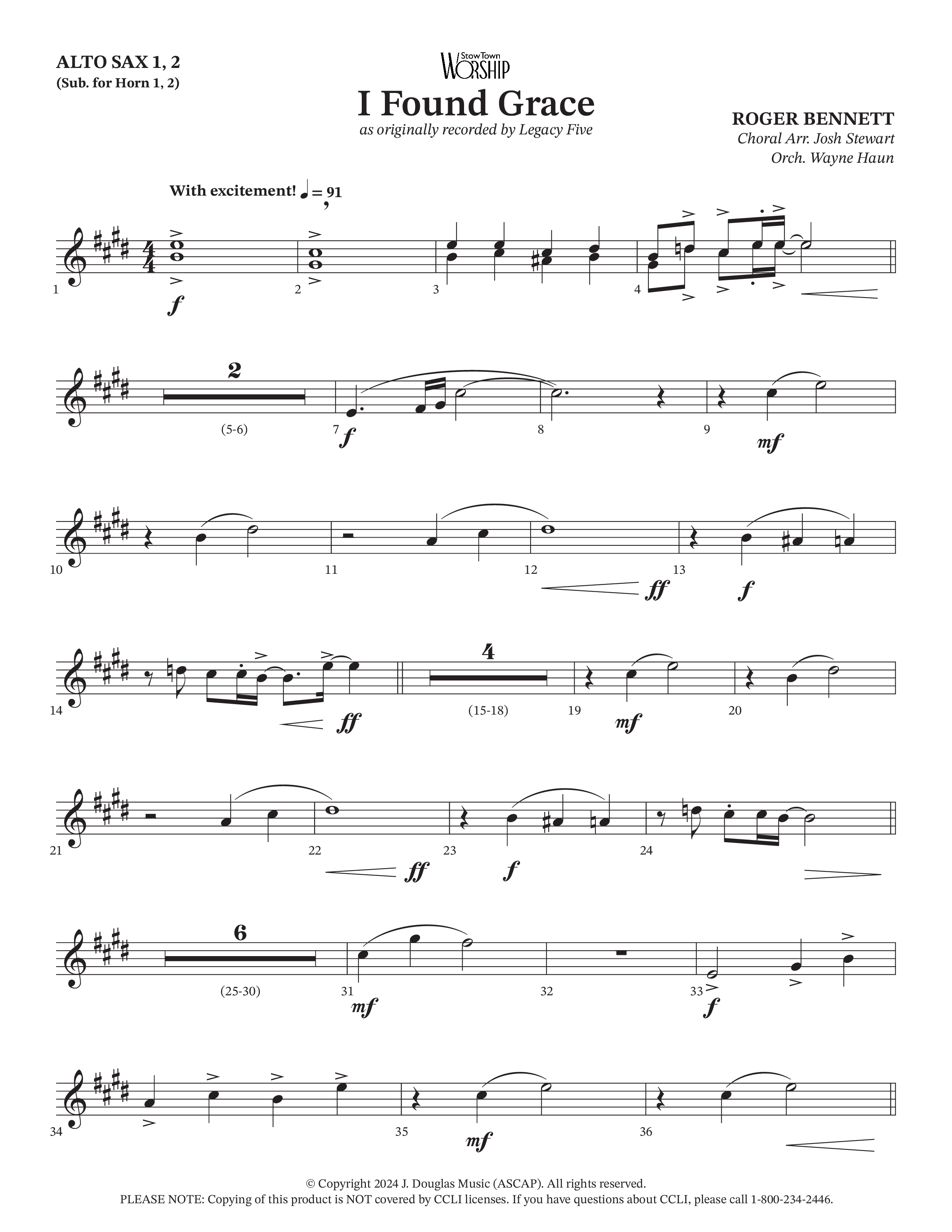 I Found Grace (Choral Anthem SATB) Alto Sax 1/2 (Arr. Josh Stewart / Orch. Wayne Haun / Legacy Five)