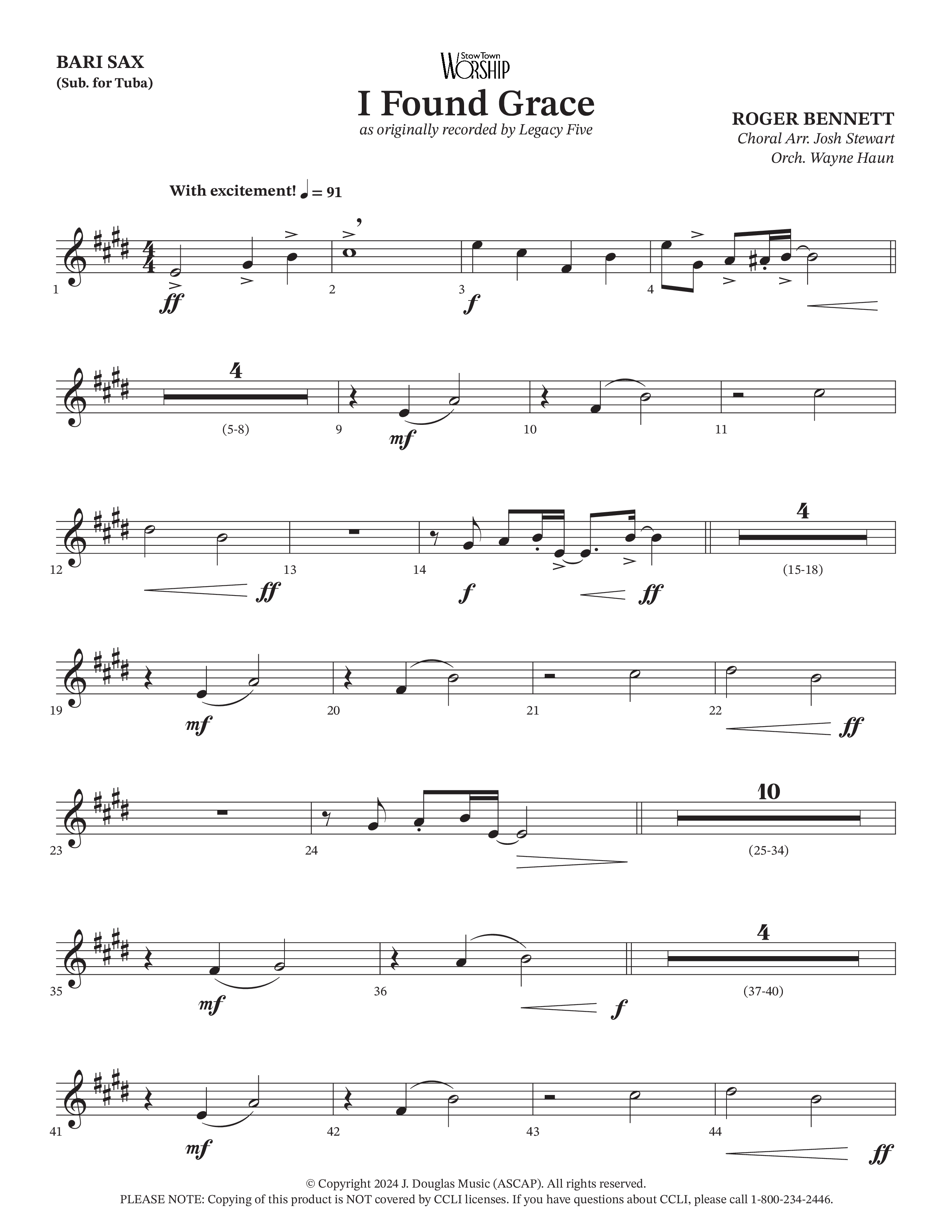 I Found Grace (Choral Anthem SATB) Bari Sax (Arr. Josh Stewart / Orch. Wayne Haun / Legacy Five)
