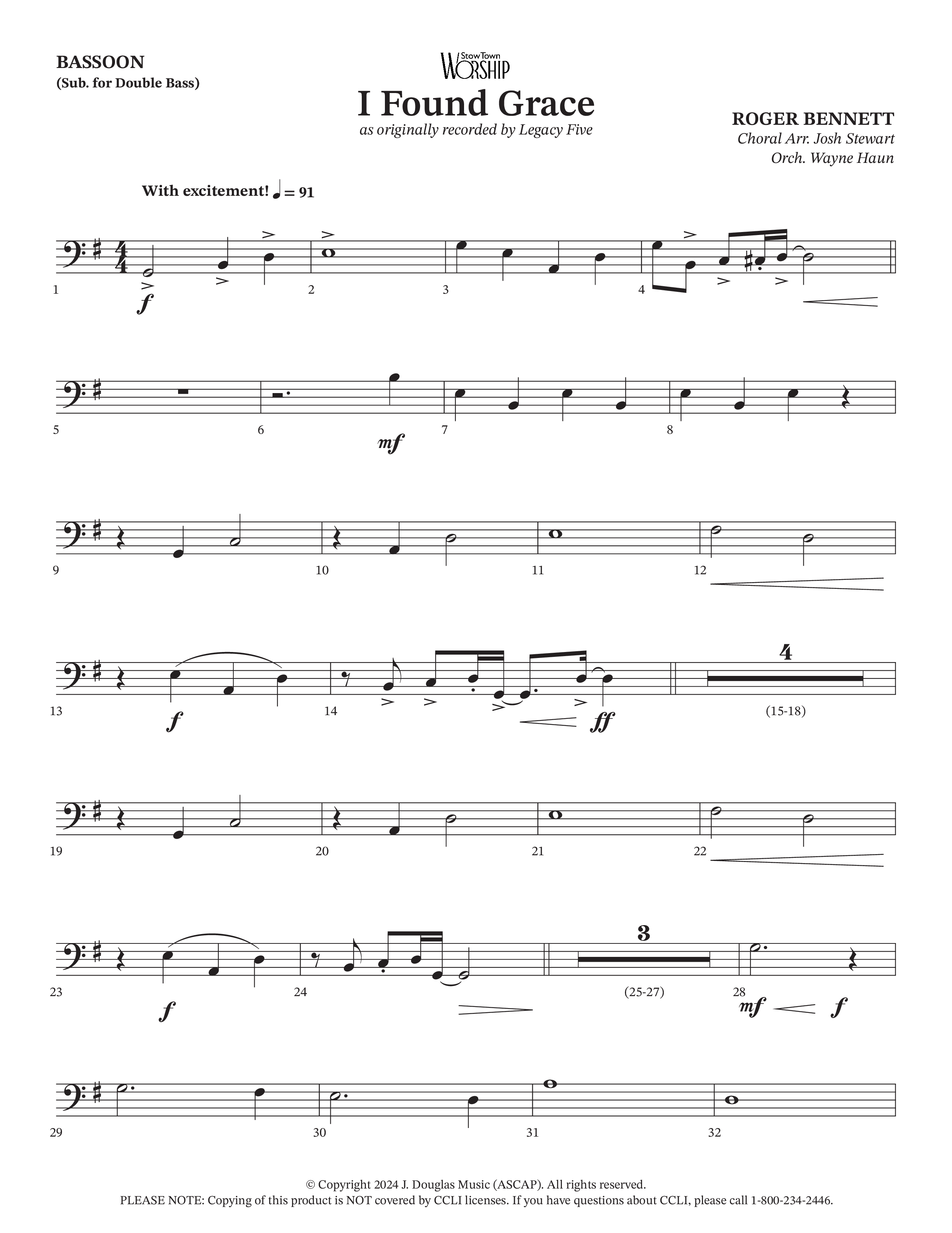 I Found Grace (Choral Anthem SATB) Bassoon (Arr. Josh Stewart / Orch. Wayne Haun / Legacy Five)