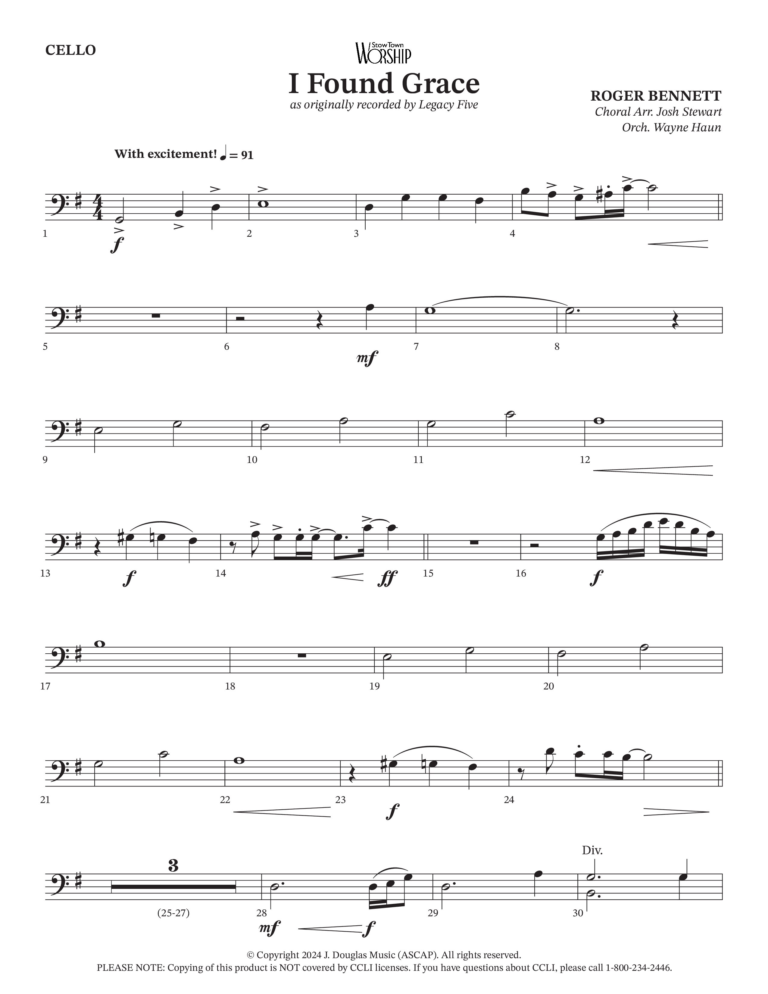 I Found Grace (Choral Anthem SATB) Cello (Arr. Josh Stewart / Orch. Wayne Haun / Legacy Five)