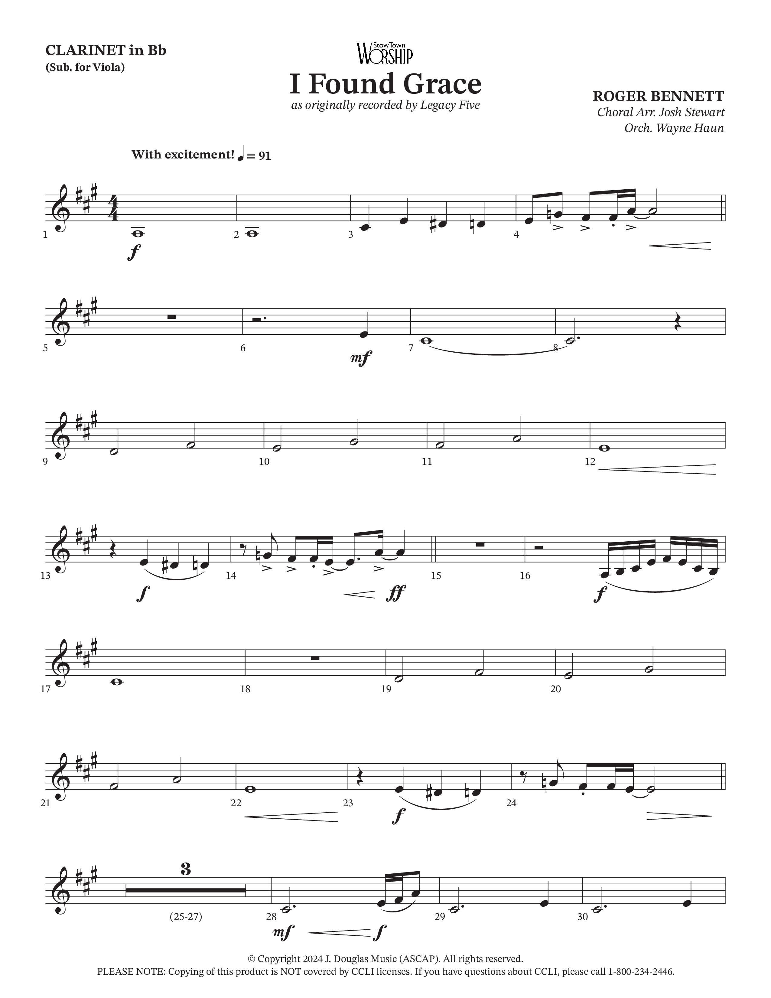 I Found Grace (Choral Anthem SATB) Clarinet (Arr. Josh Stewart / Orch. Wayne Haun / Legacy Five)