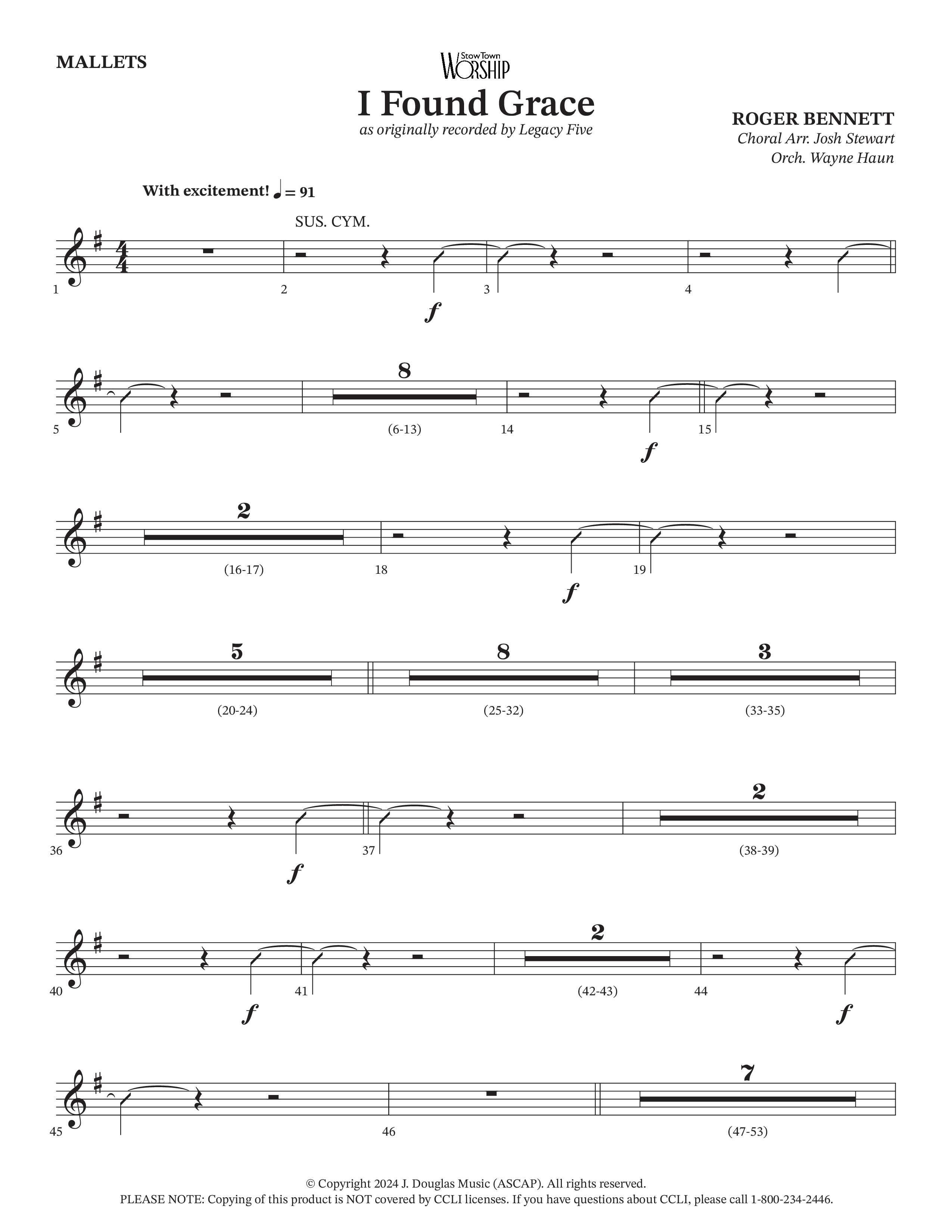I Found Grace (Choral Anthem SATB) Mallets (Arr. Josh Stewart / Orch. Wayne Haun / Legacy Five)