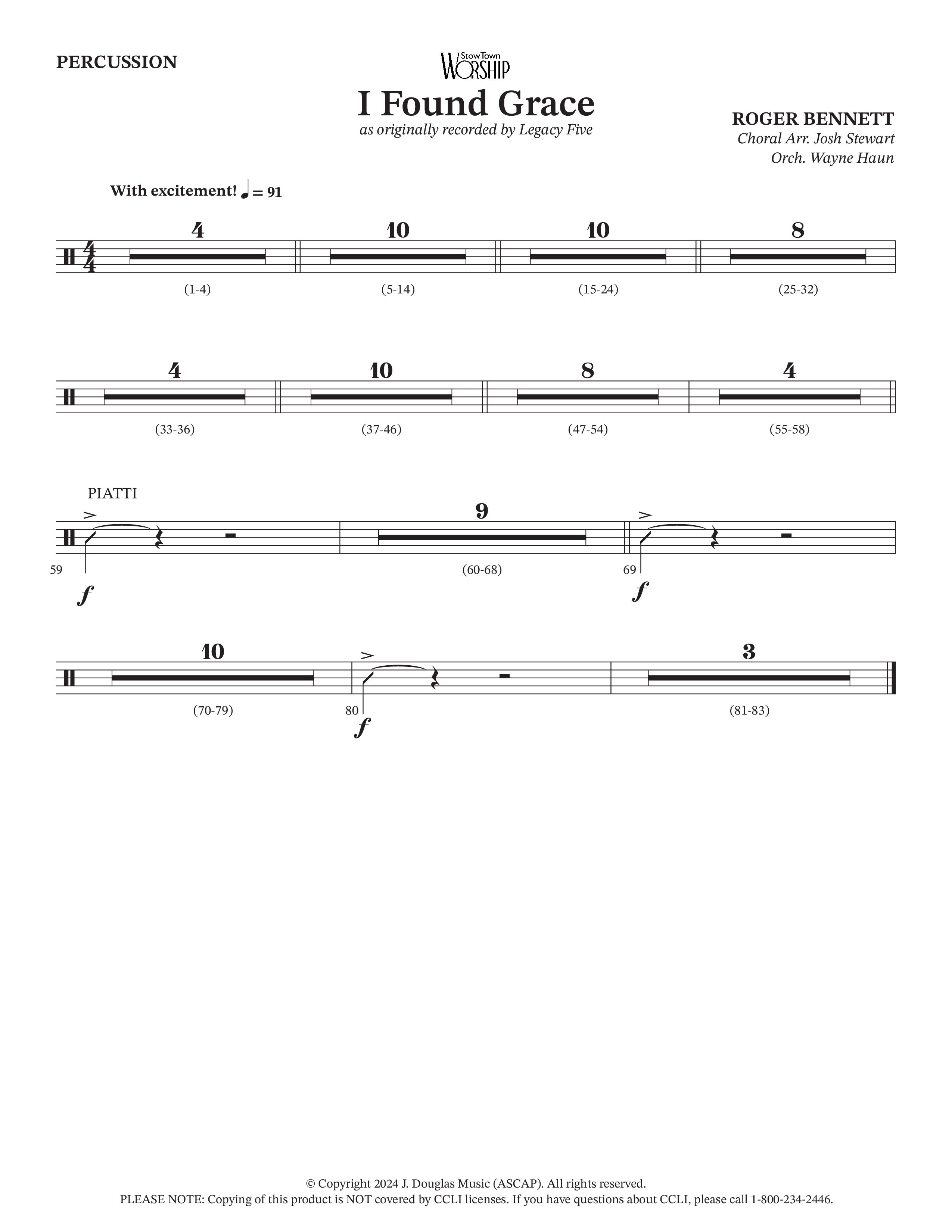 I Found Grace (Choral Anthem SATB) Percussion (Arr. Josh Stewart / Orch. Wayne Haun / Legacy Five)