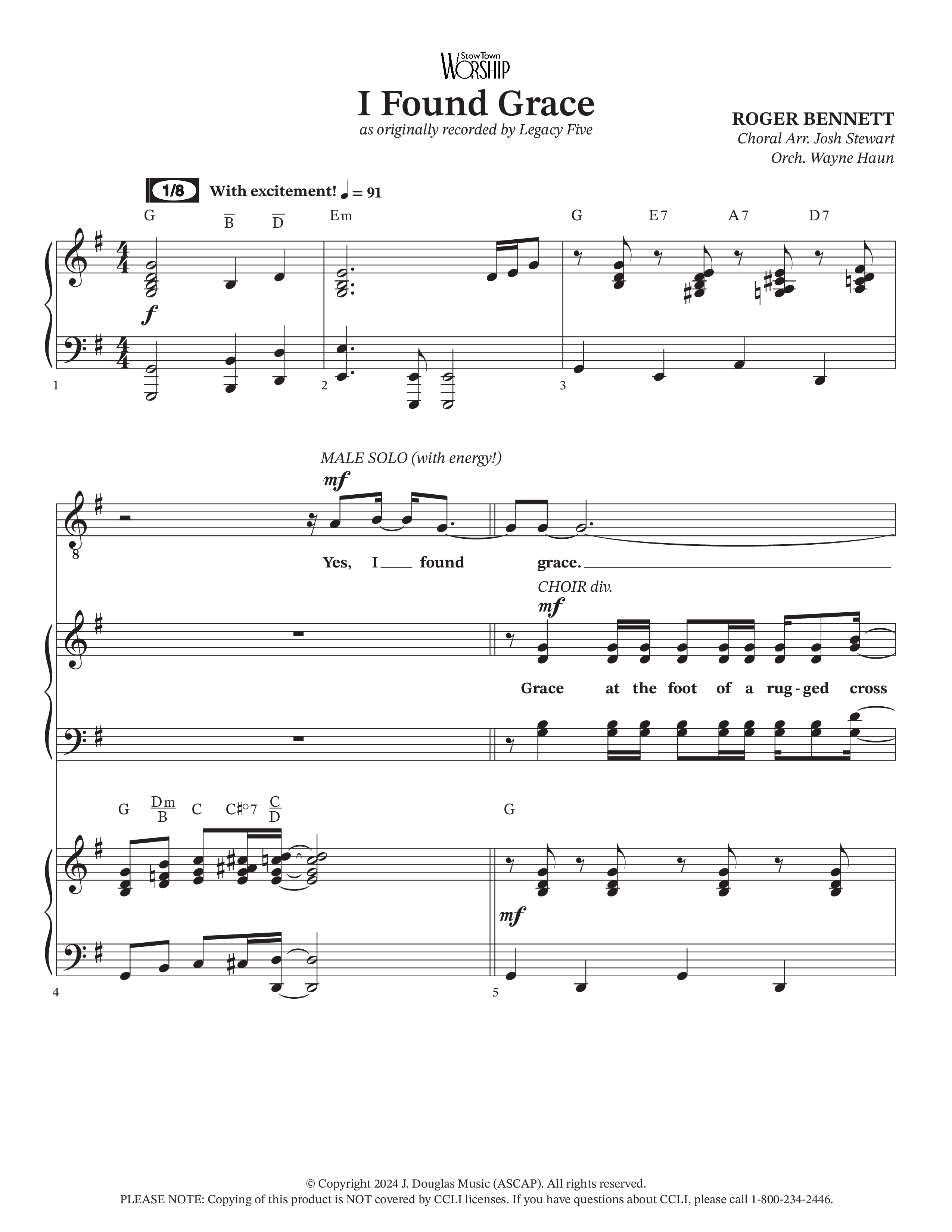 I Found Grace (Choral Anthem SATB) Piano/Vocal Pack (Arr. Josh Stewart / Orch. Wayne Haun / Legacy Five)
