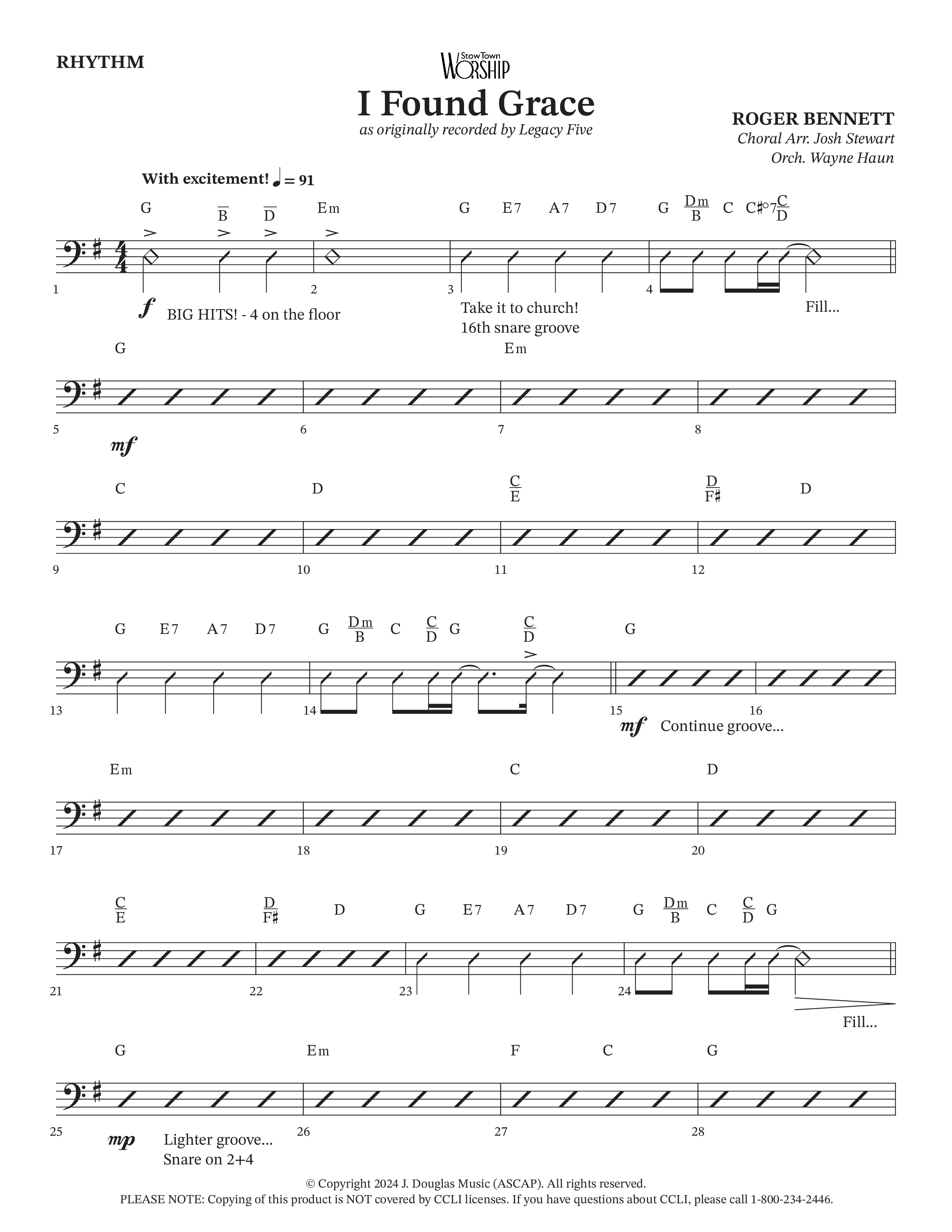 I Found Grace (Choral Anthem SATB) Rhythm Chart (Arr. Josh Stewart / Orch. Wayne Haun / Legacy Five)