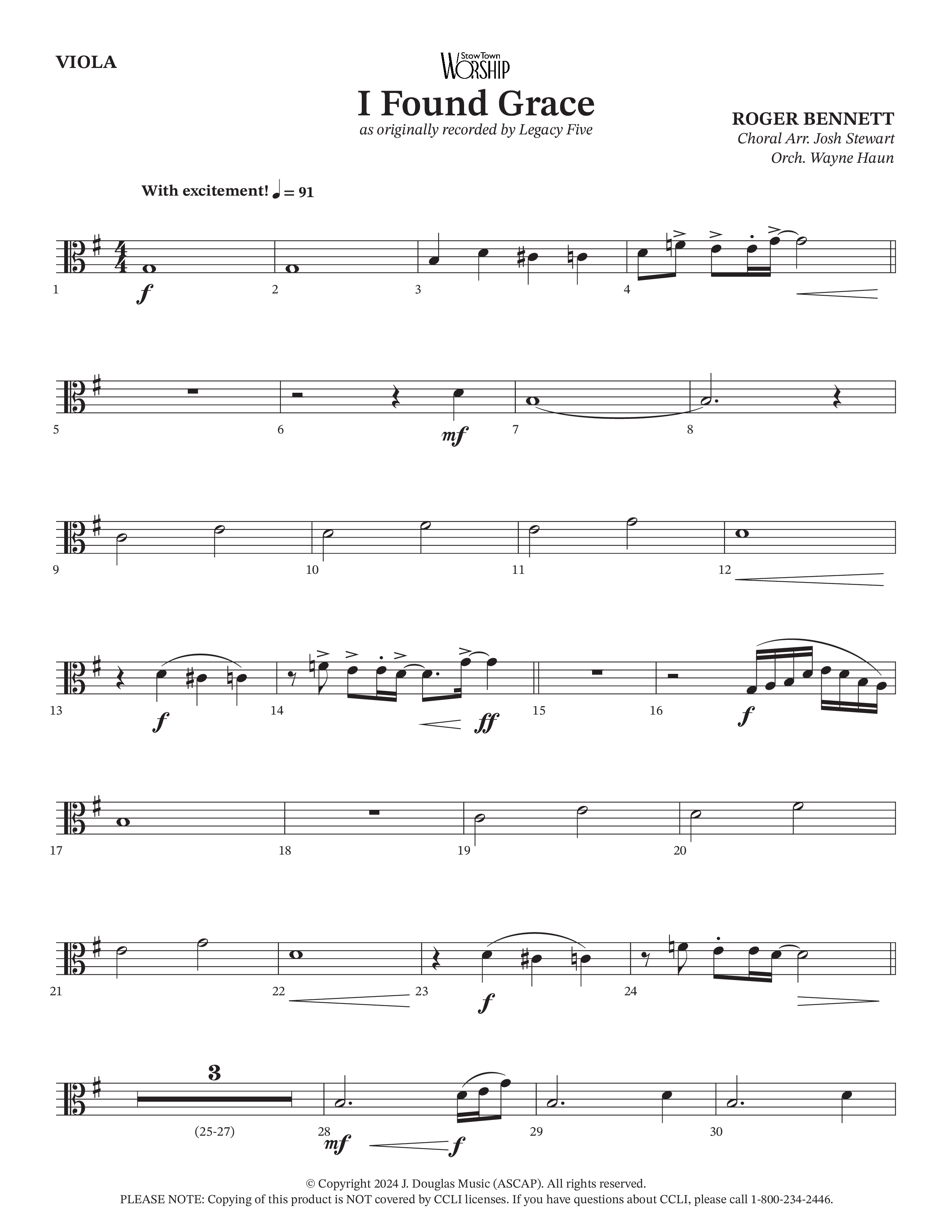 I Found Grace (Choral Anthem SATB) Viola (Arr. Josh Stewart / Orch. Wayne Haun / Legacy Five)