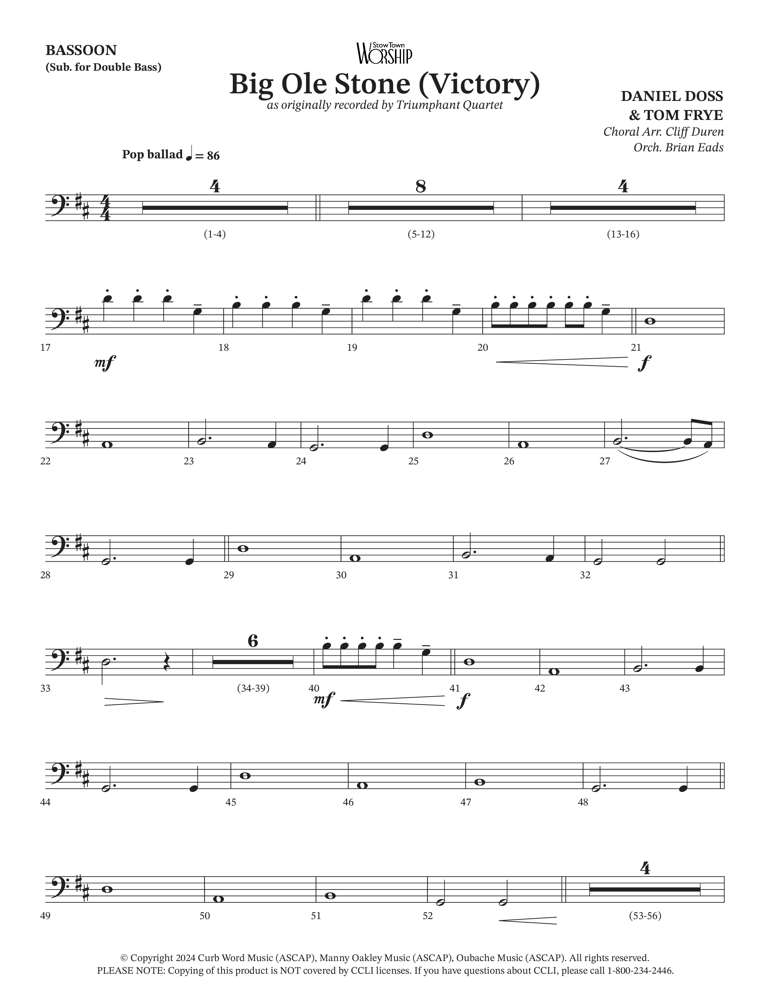 Big Ole Stone (Choral Anthem SATB) Bassoon (Triumphant Quartet / Arr. Cliff Duren / Orch. Brian Eads)