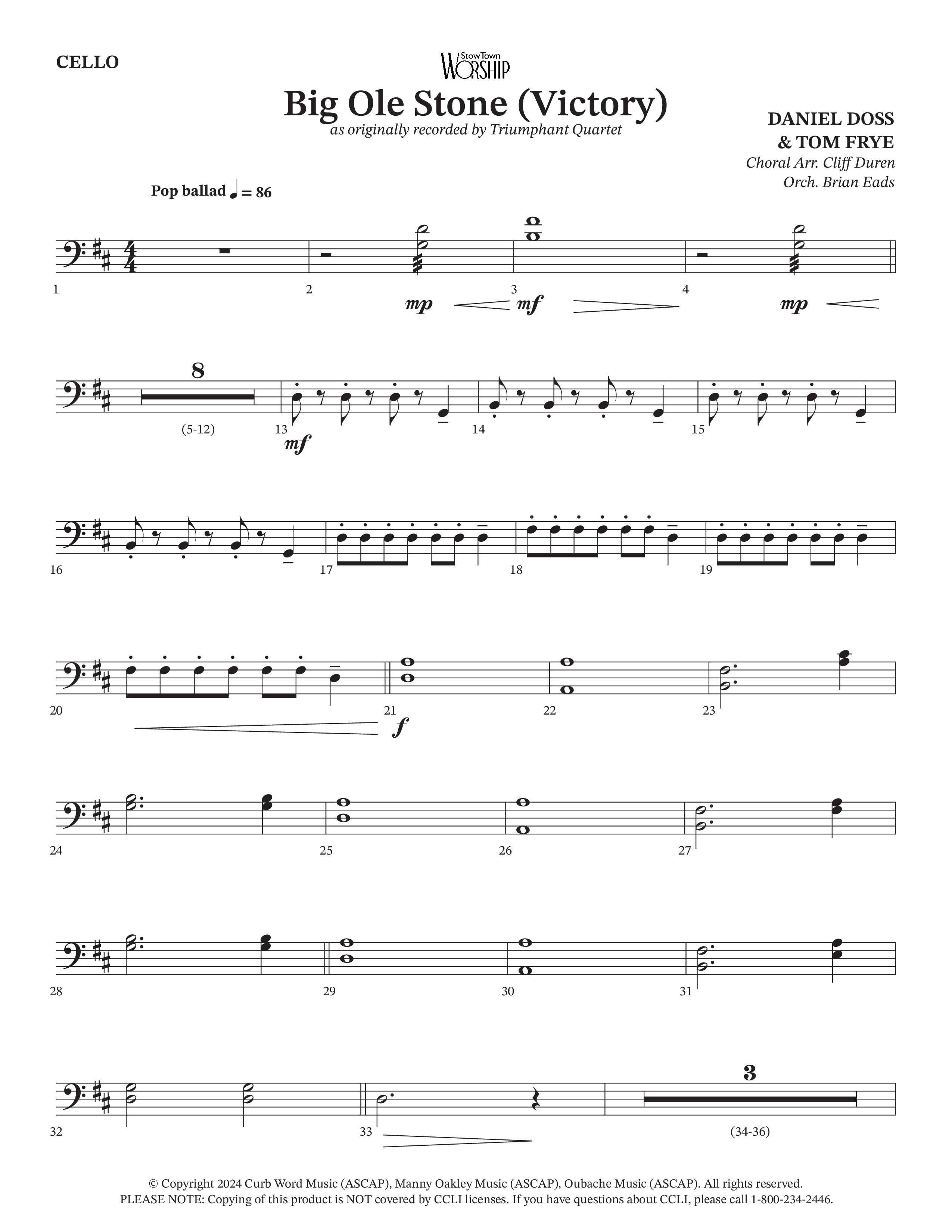 Big Ole Stone (Choral Anthem SATB) Cello (Triumphant Quartet / Arr. Cliff Duren / Orch. Brian Eads)