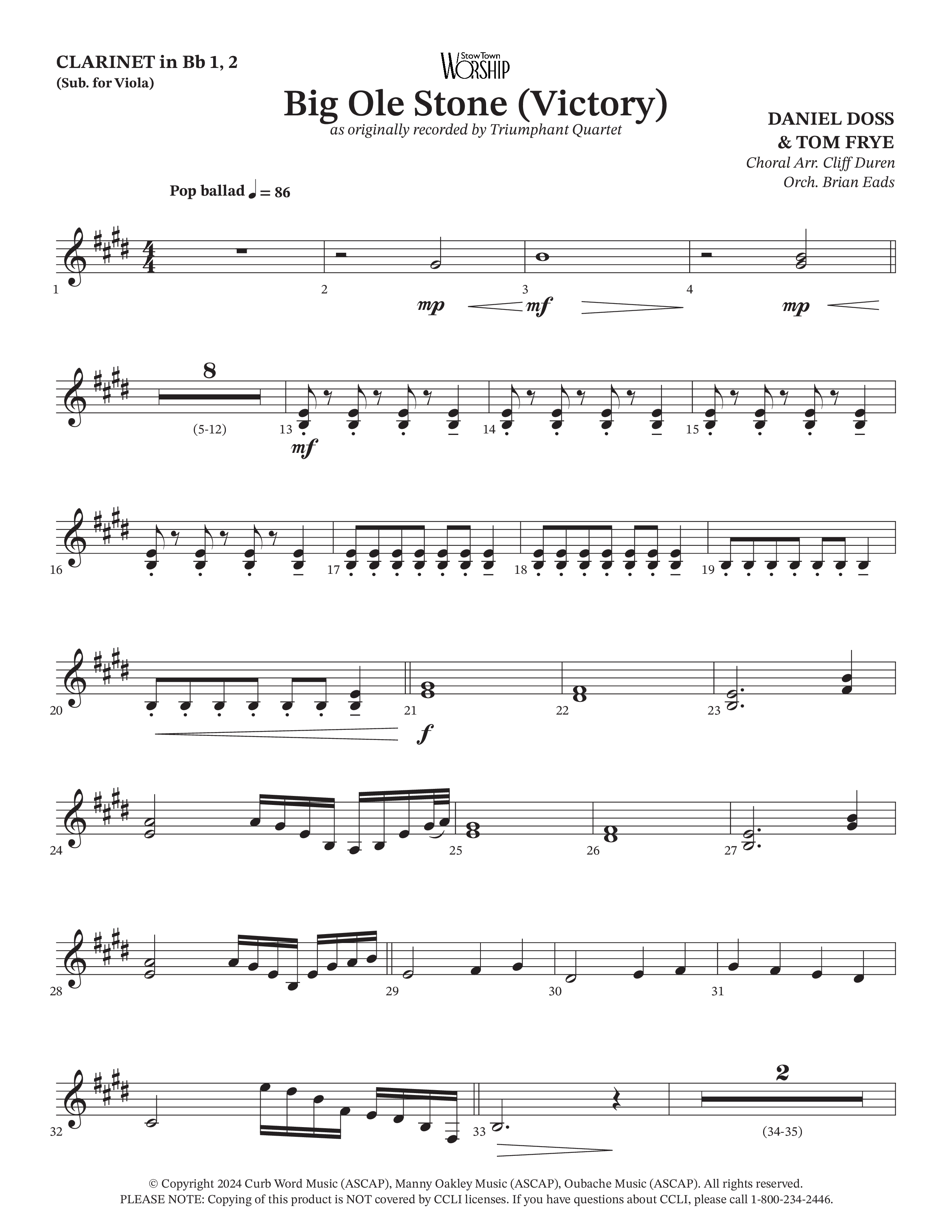 Big Ole Stone (Choral Anthem SATB) Clarinet 1/2 (Triumphant Quartet / Arr. Cliff Duren / Orch. Brian Eads)