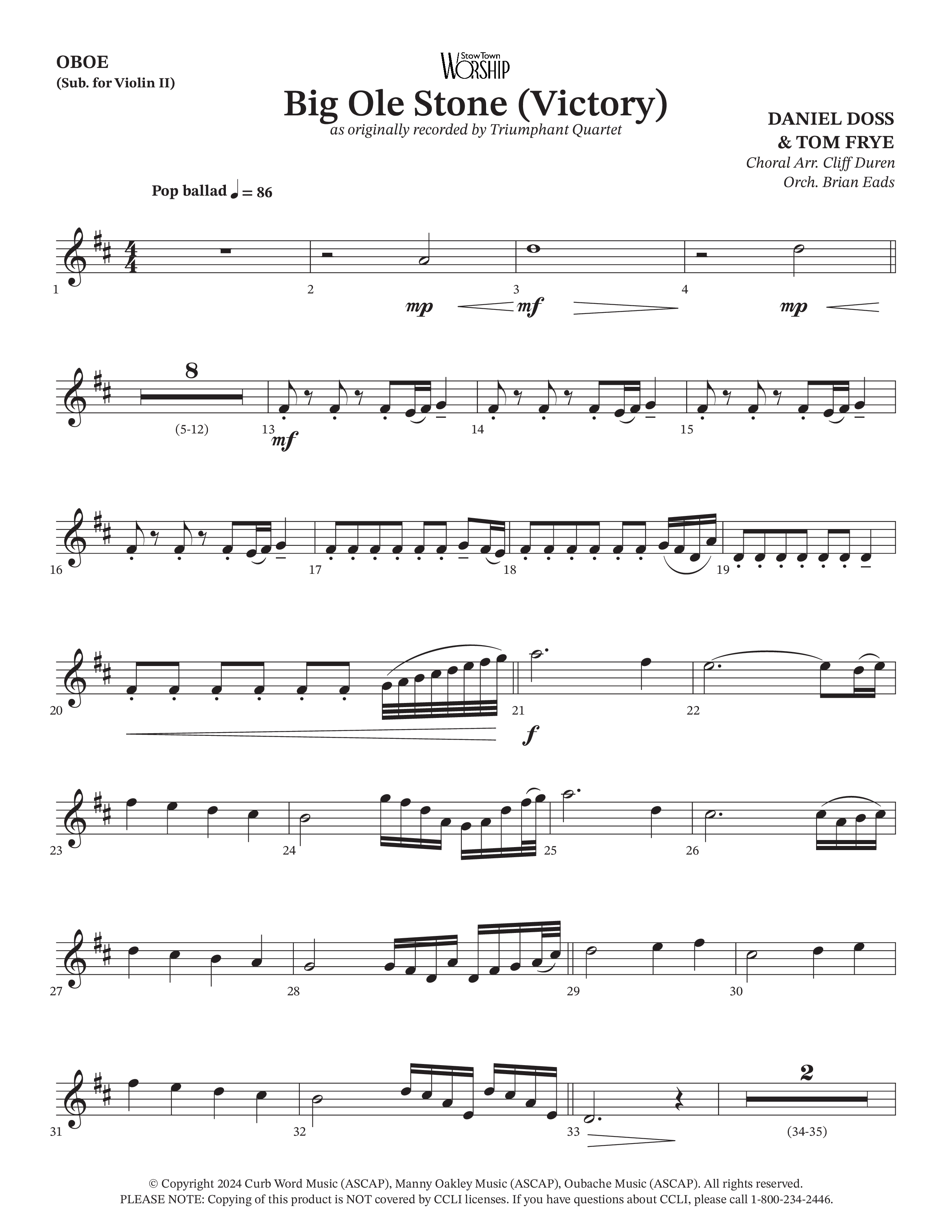 Big Ole Stone (Choral Anthem SATB) Oboe (Triumphant Quartet / Arr. Cliff Duren / Orch. Brian Eads)