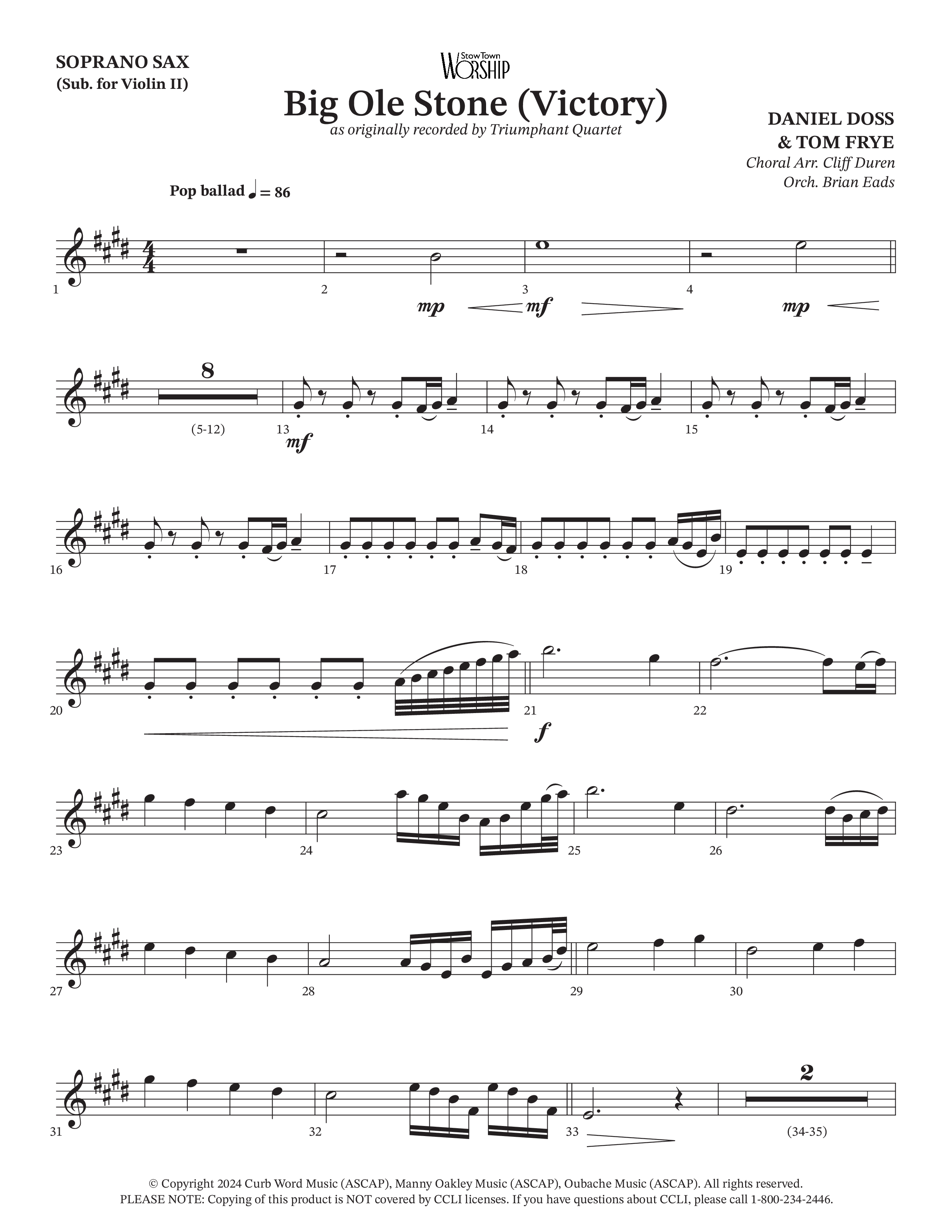Big Ole Stone (Choral Anthem SATB) Soprano Sax (Triumphant Quartet / Arr. Cliff Duren / Orch. Brian Eads)