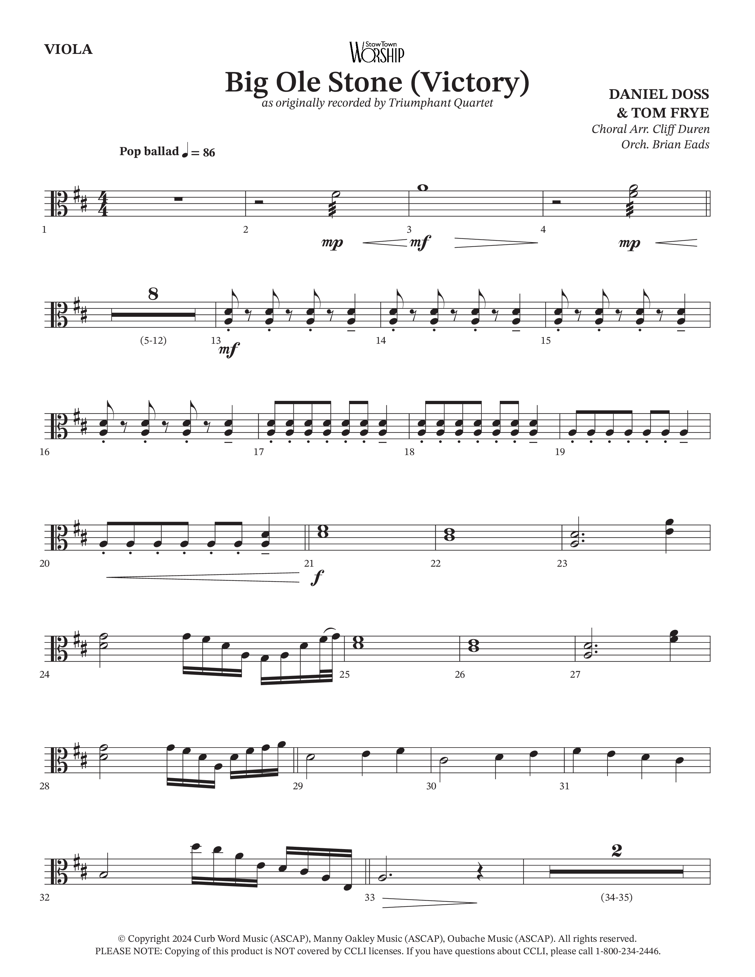 Big Ole Stone (Choral Anthem SATB) Viola (Triumphant Quartet / Arr. Cliff Duren / Orch. Brian Eads)