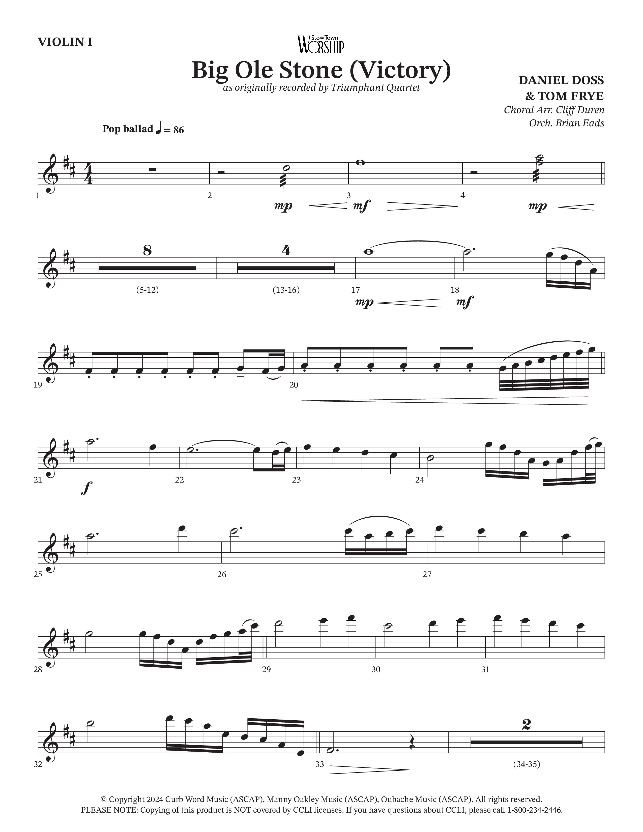 Big Ole Stone (Choral Anthem SATB) String Pack (Triumphant Quartet / Arr. Cliff Duren / Orch. Brian Eads)