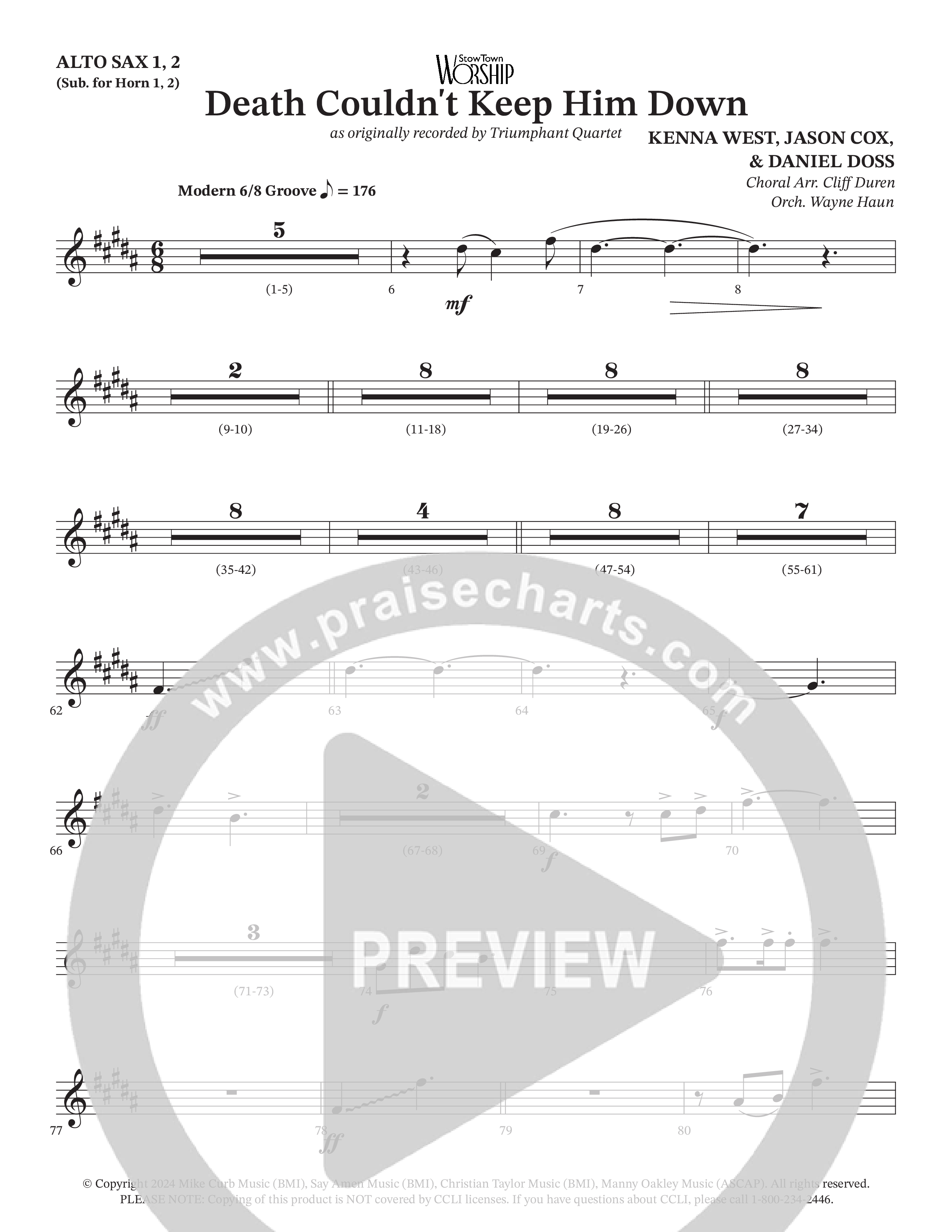 Death Couldn't Keep Him Down (Choral Anthem SATB) Alto Sax 1/2 (Arr. Cliff Duren / Orch. Wayne Haun / Triumphant Quartet)