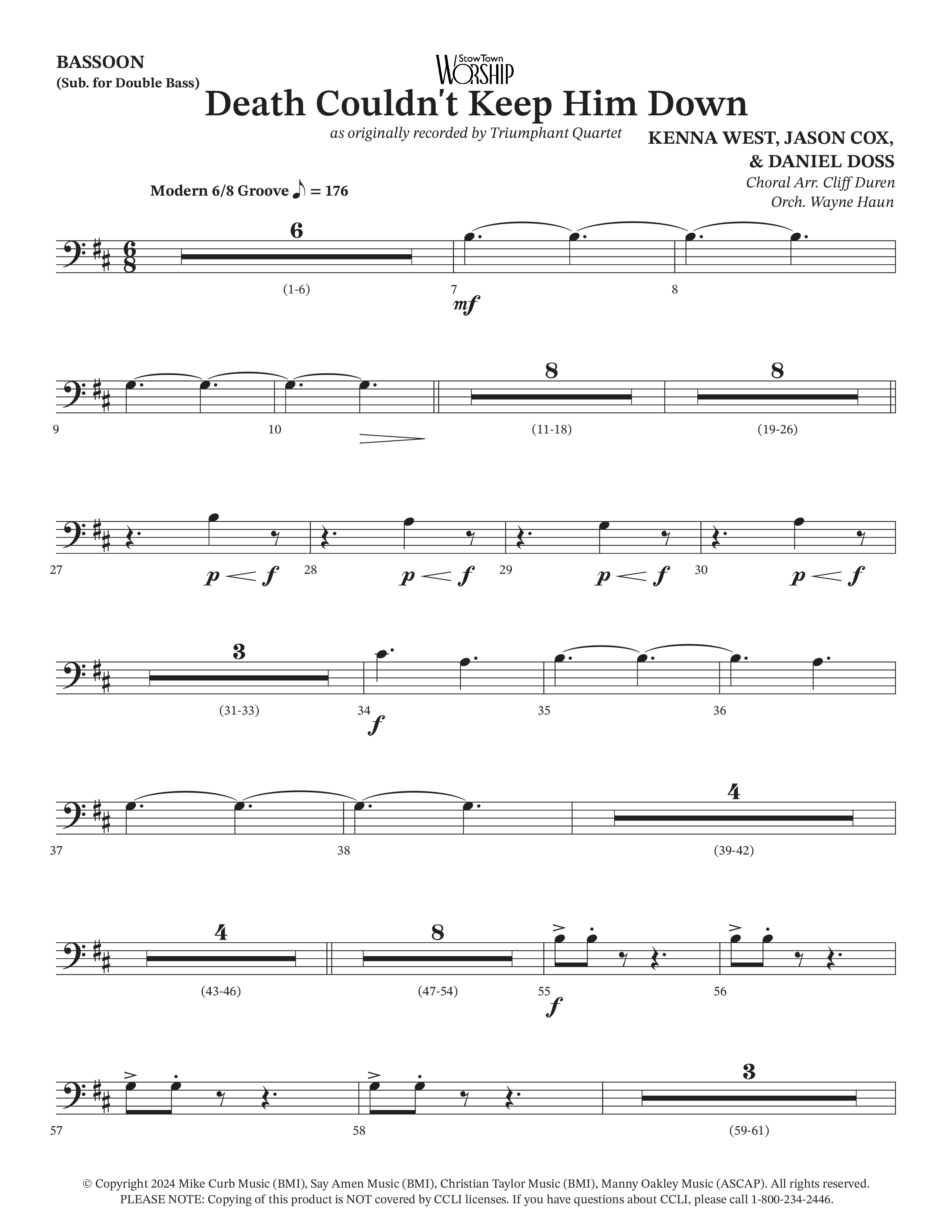 Death Couldn't Keep Him Down (Choral Anthem SATB) Bassoon (Arr. Cliff Duren / Orch. Wayne Haun / Triumphant Quartet)