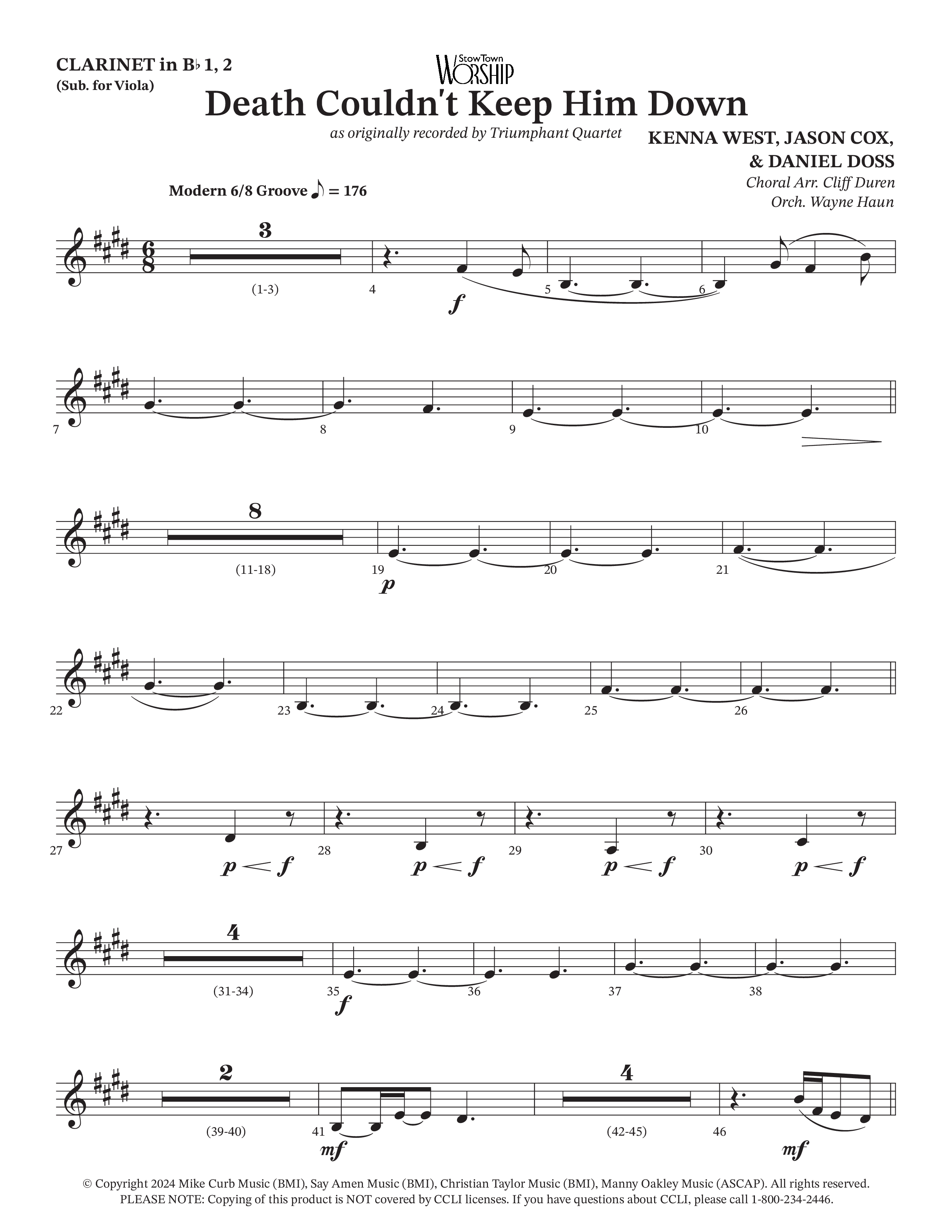 Death Couldn't Keep Him Down (Choral Anthem SATB) Clarinet 1/2 (Arr. Cliff Duren / Orch. Wayne Haun / Triumphant Quartet)