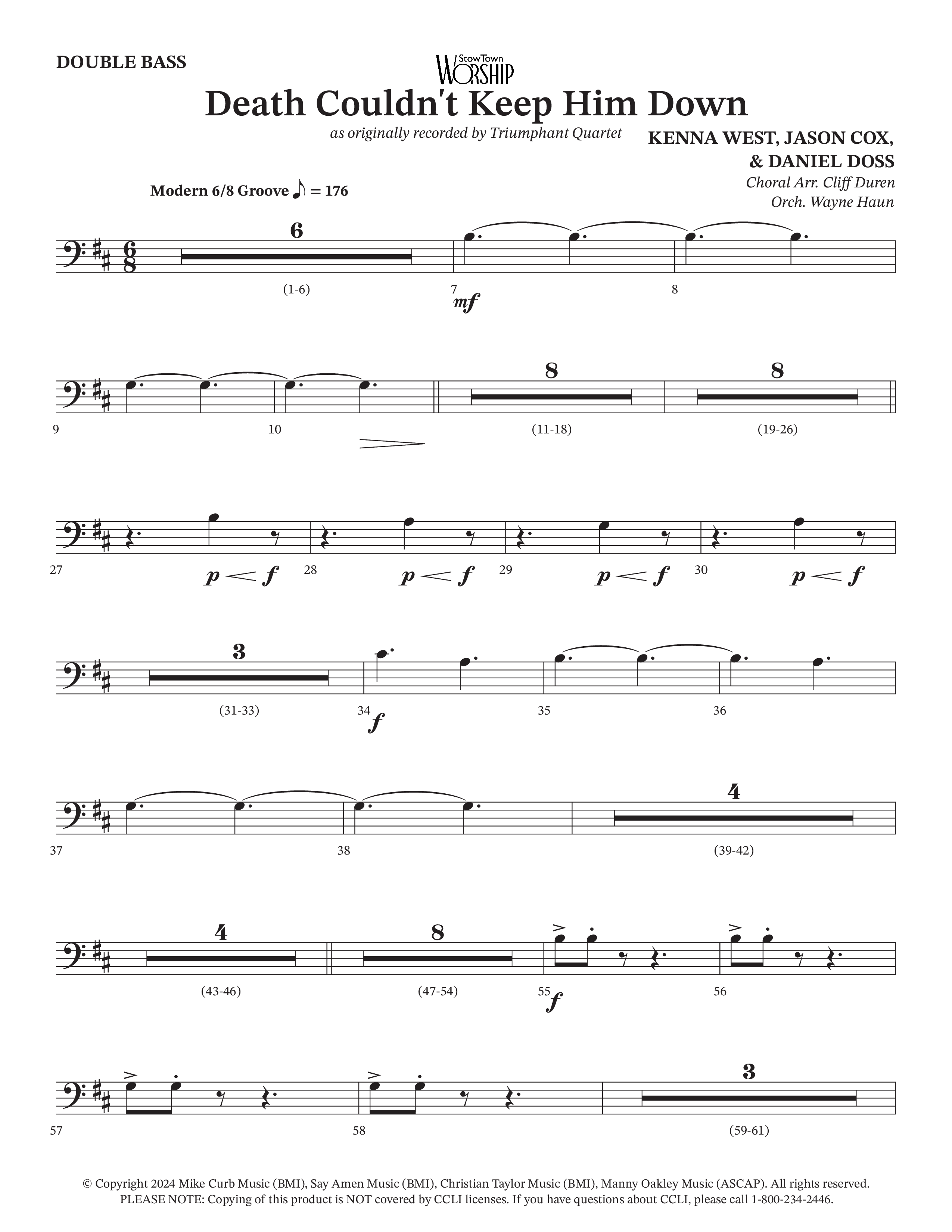 Death Couldn't Keep Him Down (Choral Anthem SATB) Double Bass (Arr. Cliff Duren / Orch. Wayne Haun / Triumphant Quartet)