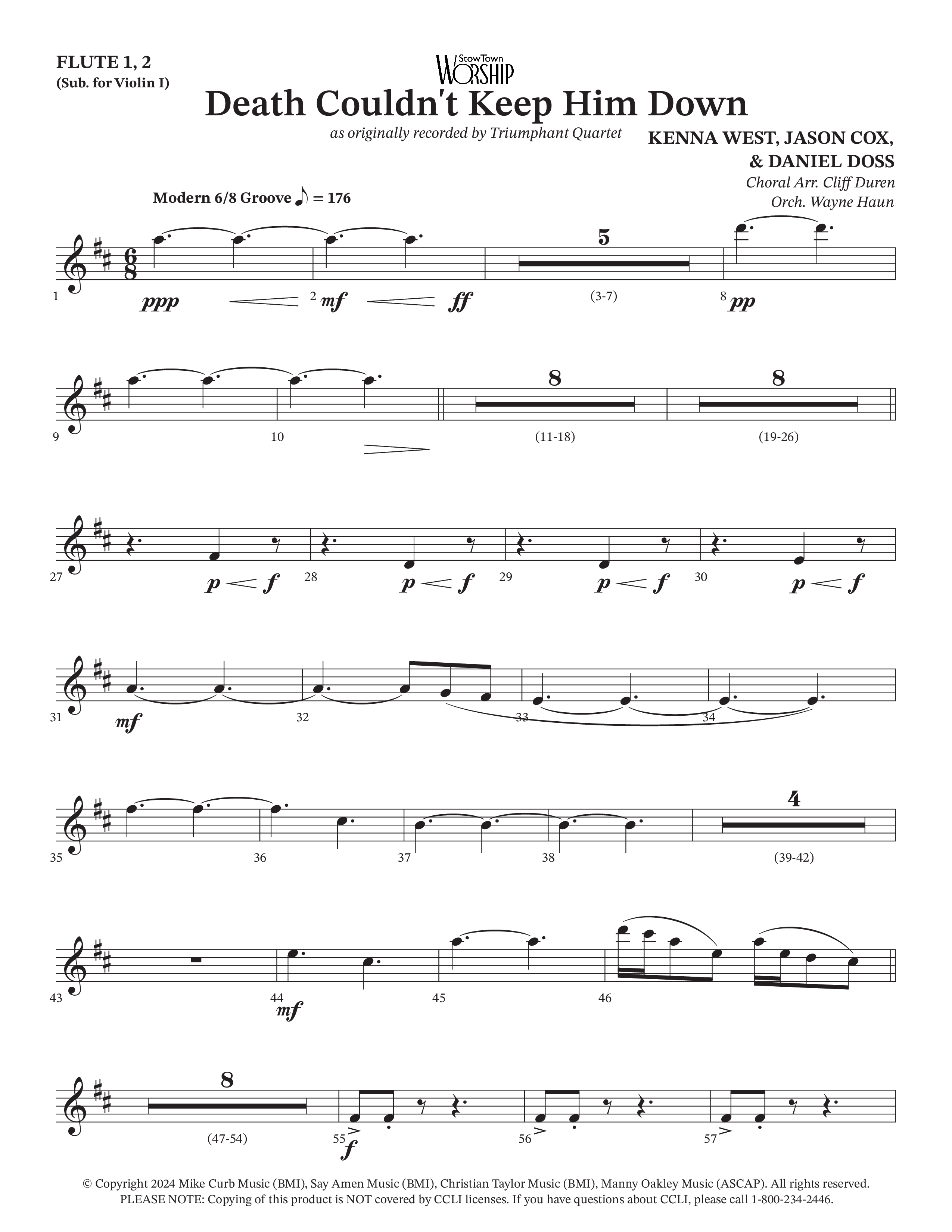 Death Couldn't Keep Him Down (Choral Anthem SATB) Flute 1/2 (Arr. Cliff Duren / Orch. Wayne Haun / Triumphant Quartet)
