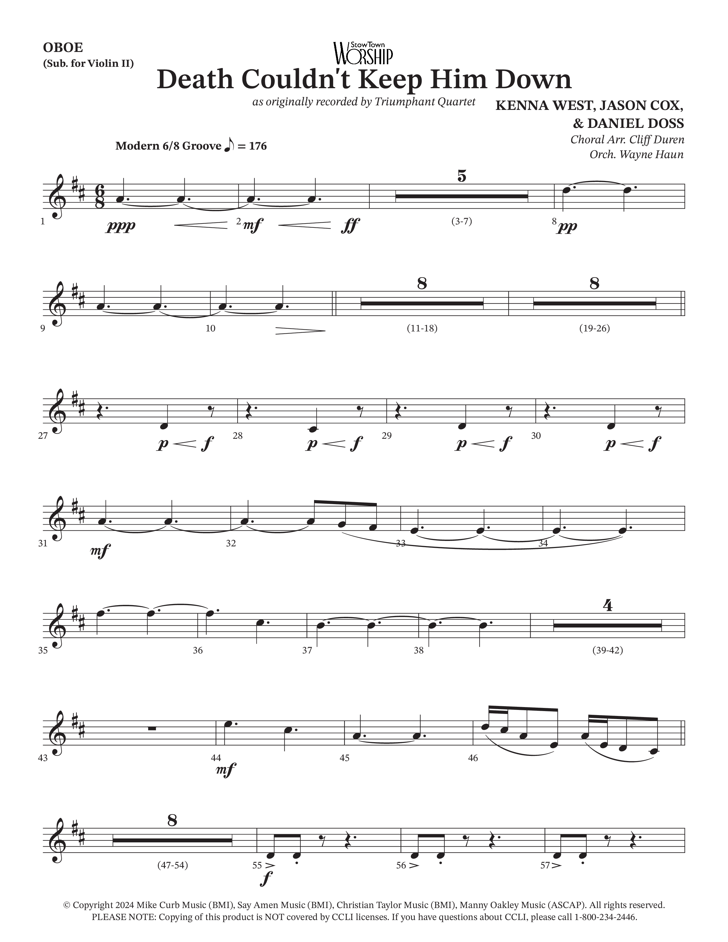 Death Couldn't Keep Him Down (Choral Anthem SATB) Oboe (Arr. Cliff Duren / Orch. Wayne Haun / Triumphant Quartet)