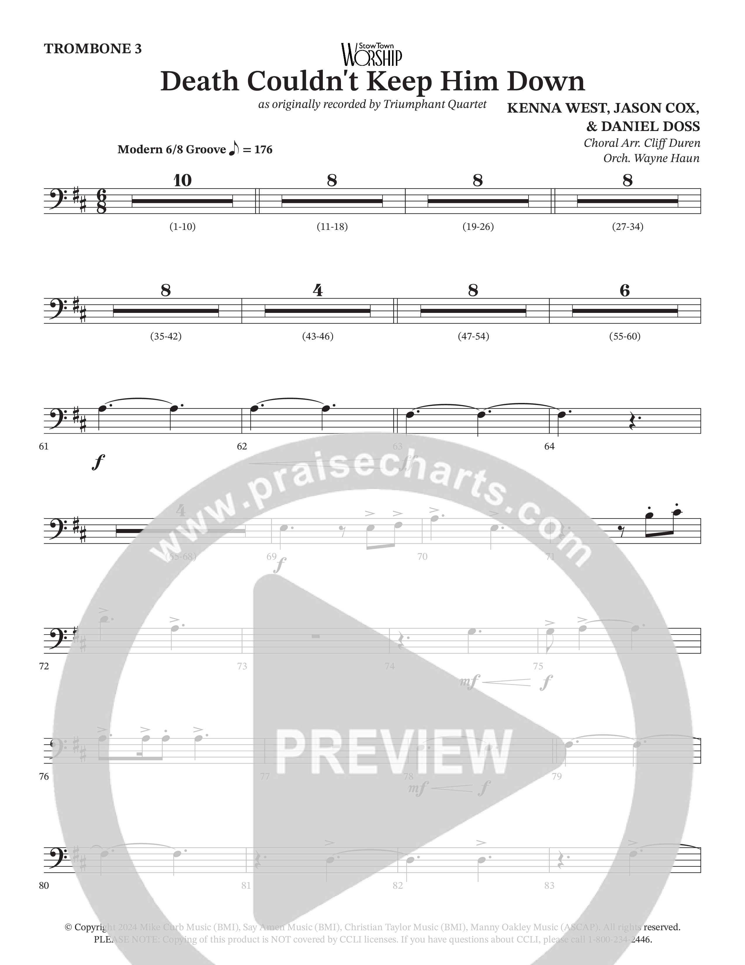 Death Couldn't Keep Him Down (Choral Anthem SATB) Trombone 3 (Arr. Cliff Duren / Orch. Wayne Haun / Triumphant Quartet)