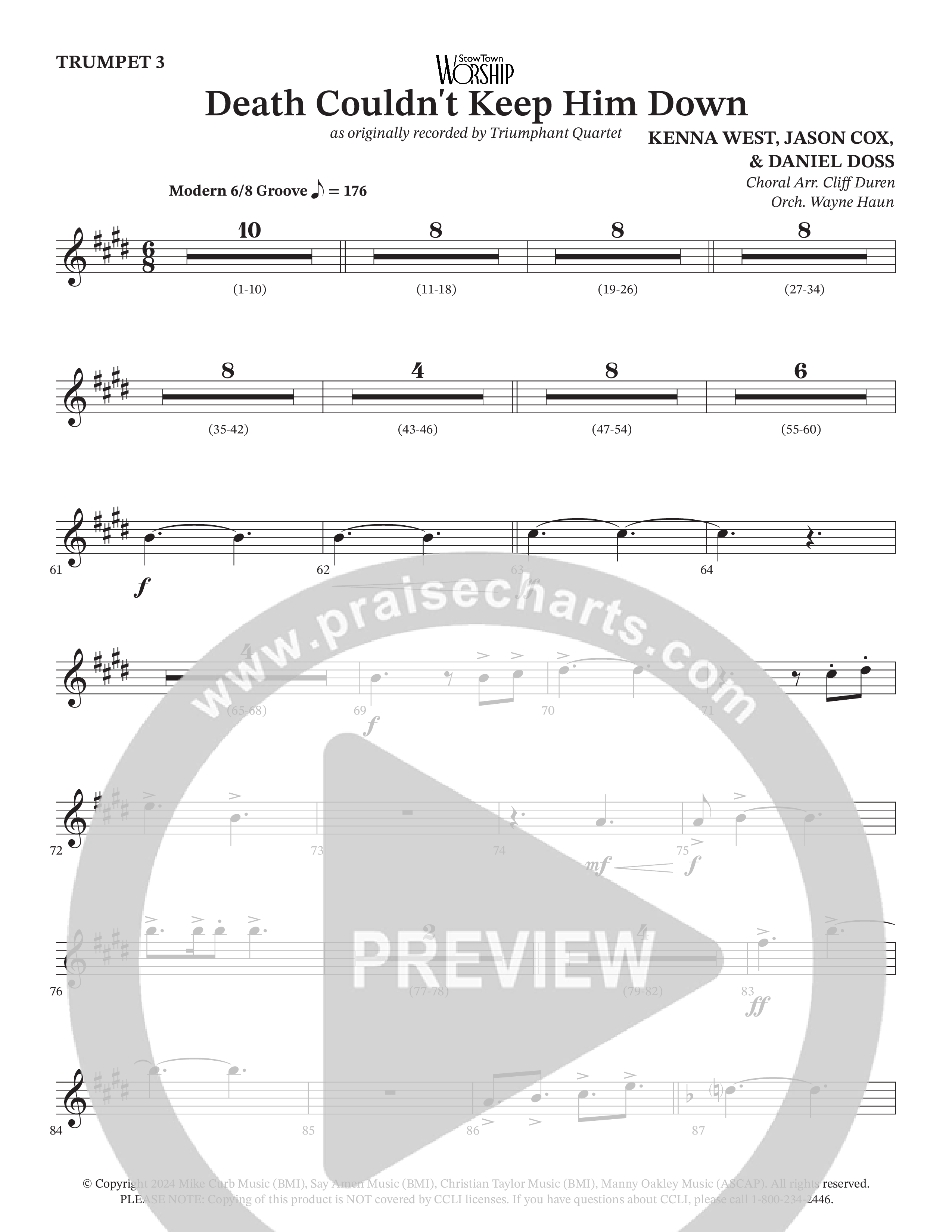 Death Couldn't Keep Him Down (Choral Anthem SATB) Trumpet 3 (Arr. Cliff Duren / Orch. Wayne Haun / Triumphant Quartet)