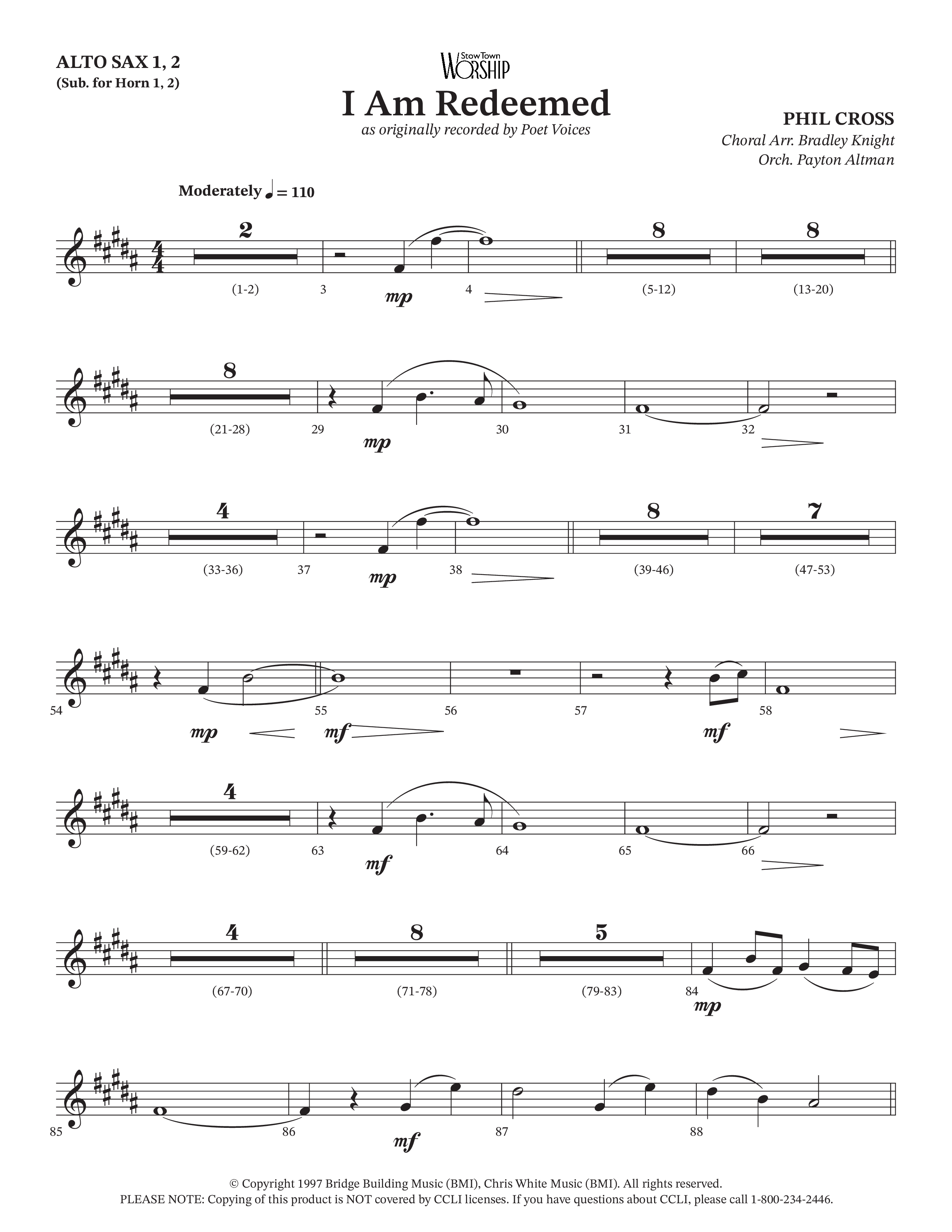 I Am Redeemed (Choral Anthem SATB) Alto Sax 1/2 (Arr. Bradley Knight / Orch. Payton Altman / Poet Voices)
