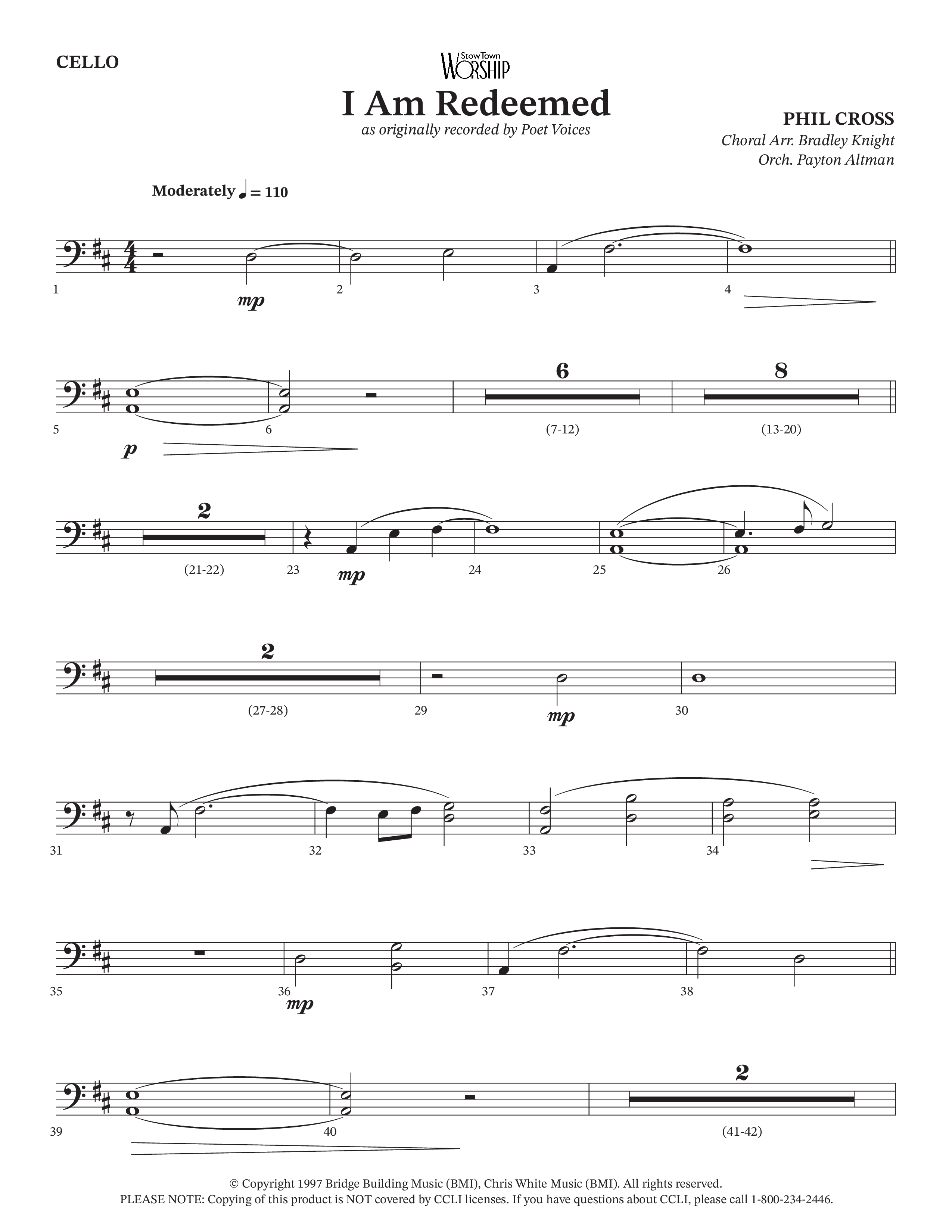 I Am Redeemed (Choral Anthem SATB) Cello (Arr. Bradley Knight / Orch. Payton Altman / Poet Voices)