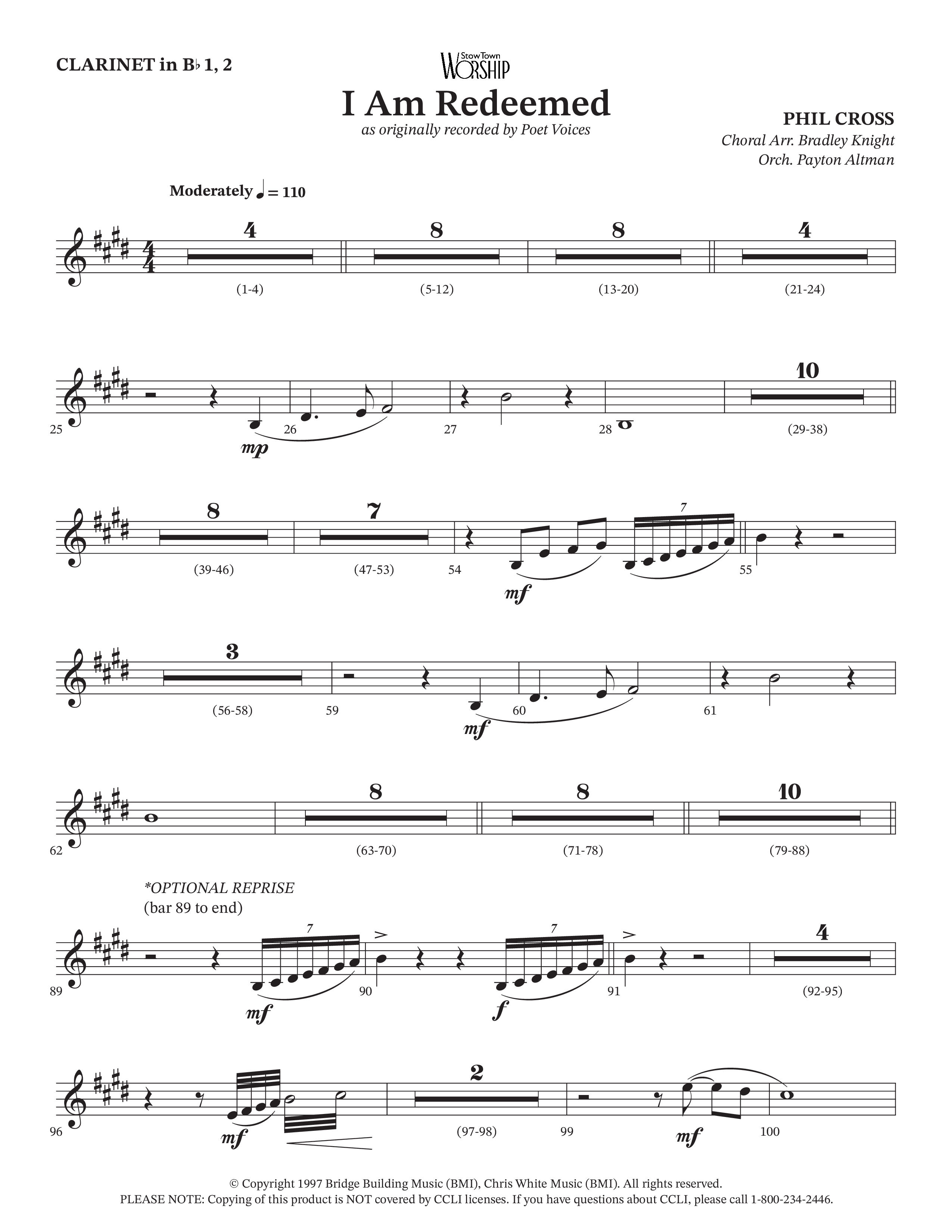 I Am Redeemed (Choral Anthem SATB) Clarinet 1/2 (Arr. Bradley Knight / Orch. Payton Altman / Poet Voices)