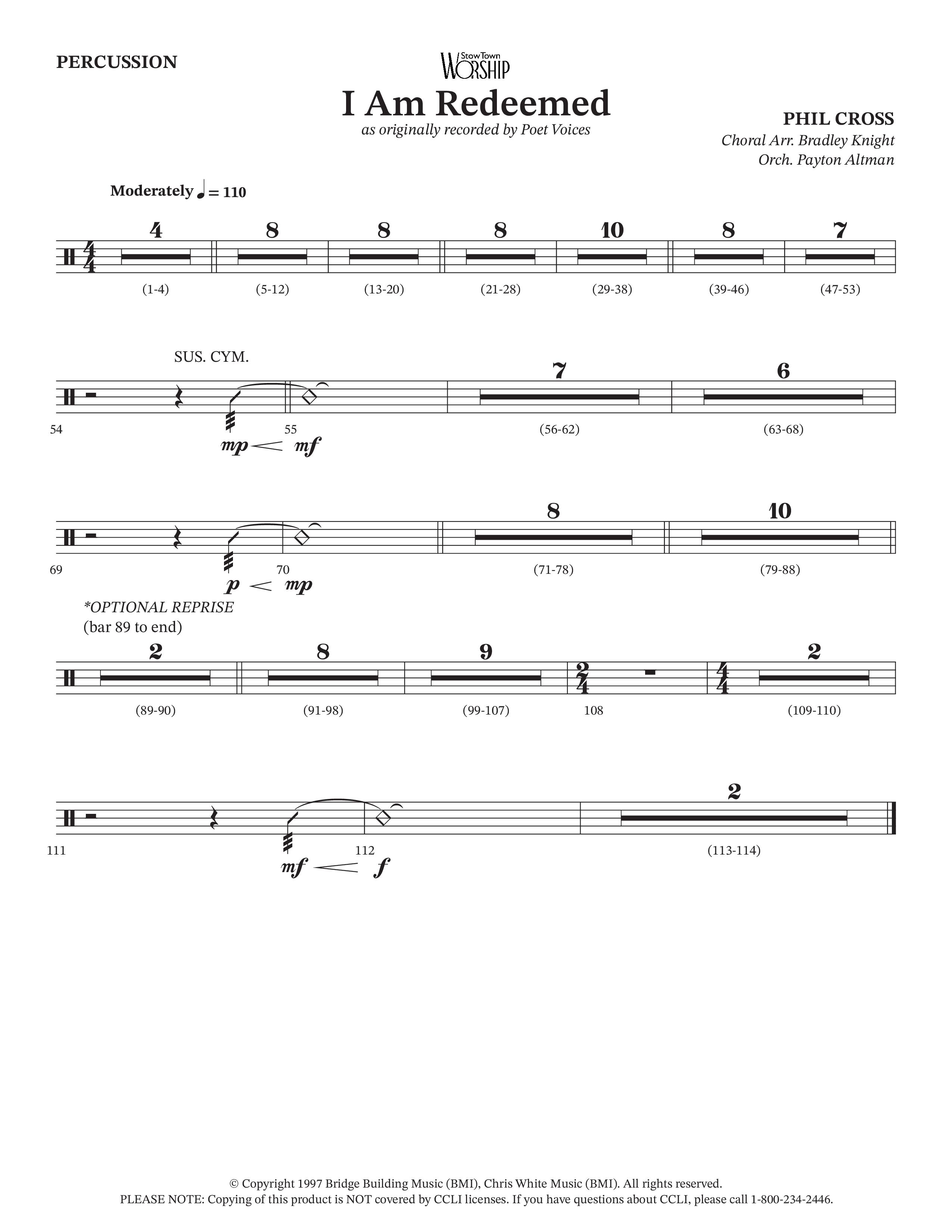 I Am Redeemed (Choral Anthem SATB) Percussion (Arr. Bradley Knight / Orch. Payton Altman / Poet Voices)