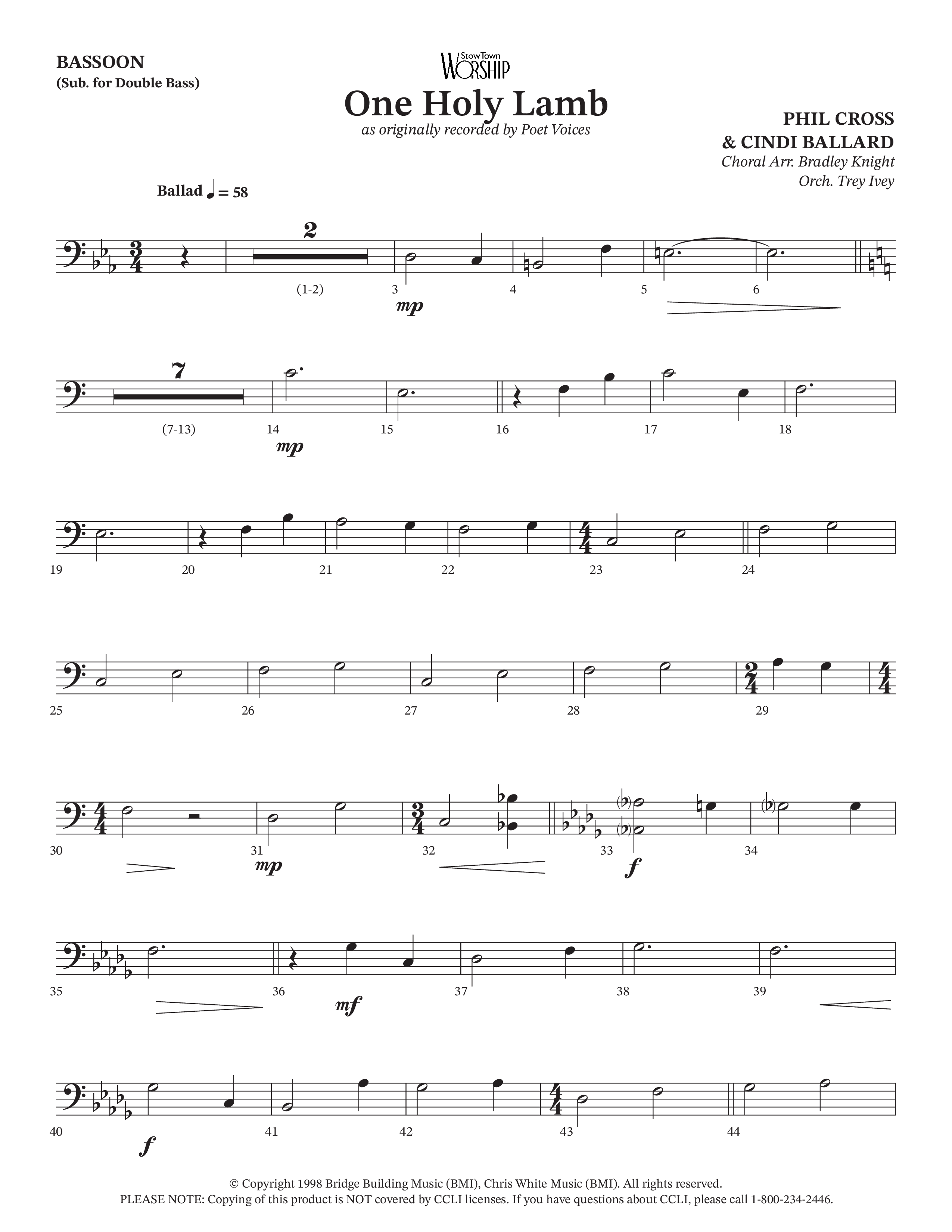 One Holy Lamb (Choral Anthem SATB) Bassoon (Arr. Bradley Knight / Orch. Trey Ivey / Poet Voices)