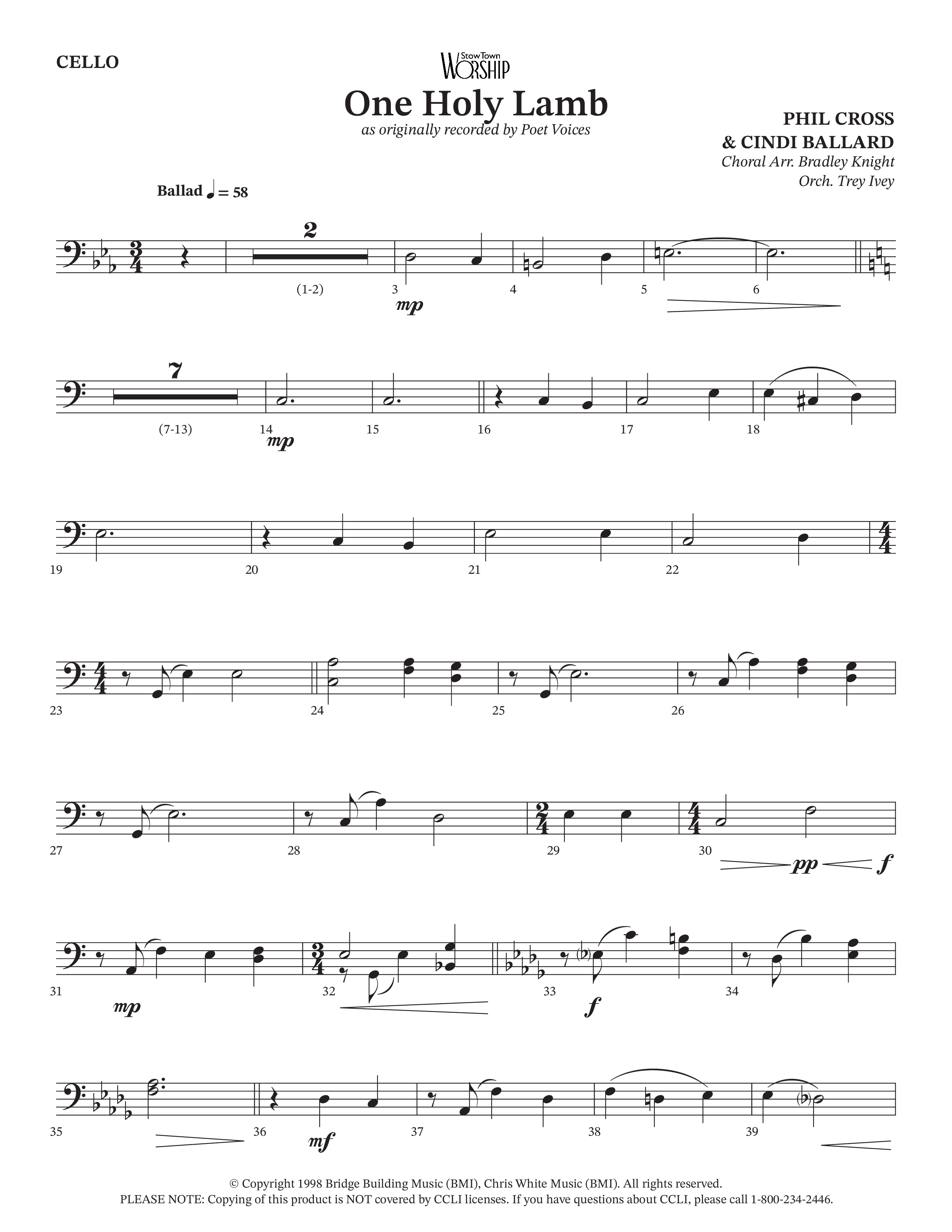 One Holy Lamb (Choral Anthem SATB) Cello (Arr. Bradley Knight / Orch. Trey Ivey / Poet Voices)