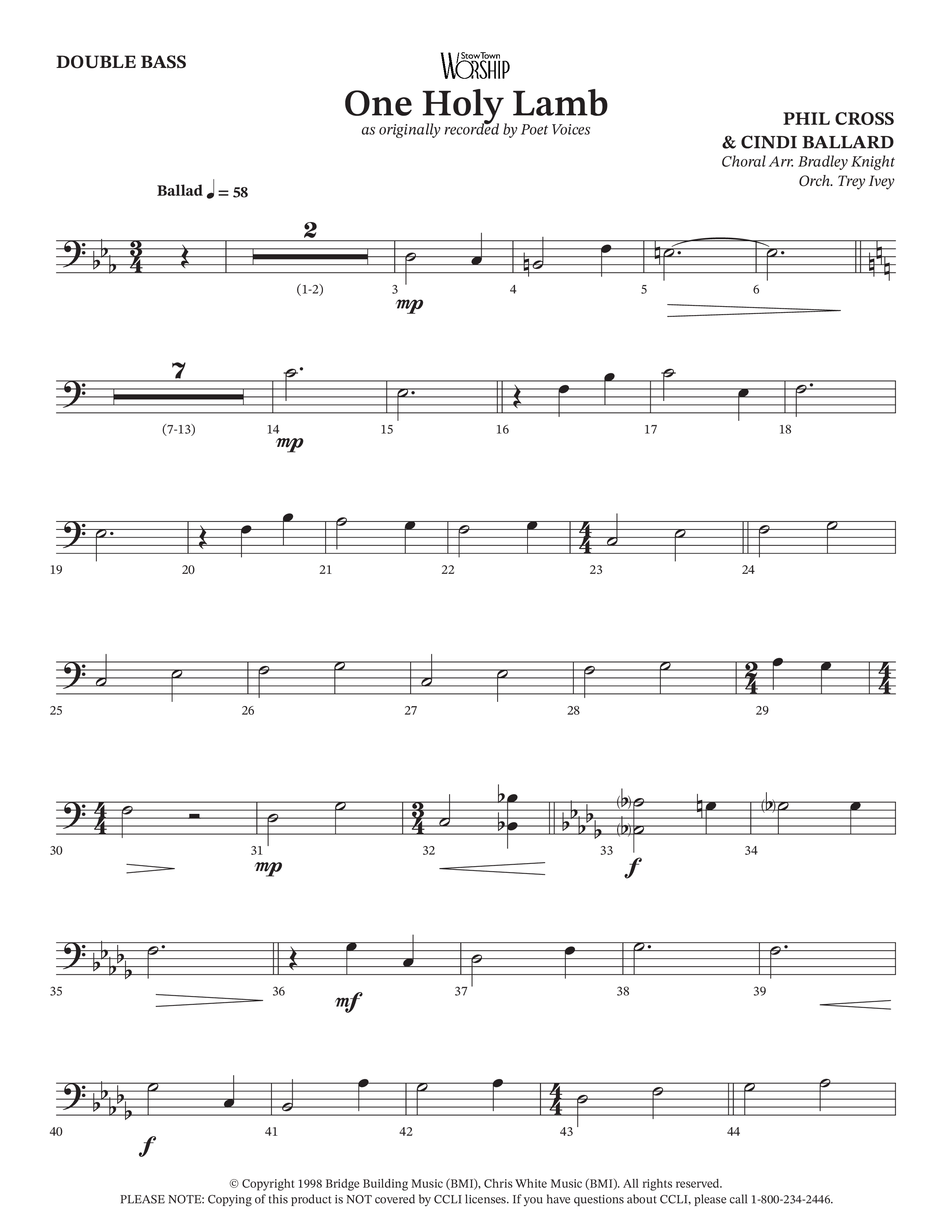 One Holy Lamb (Choral Anthem SATB) Double Bass (Arr. Bradley Knight / Orch. Trey Ivey / Poet Voices)