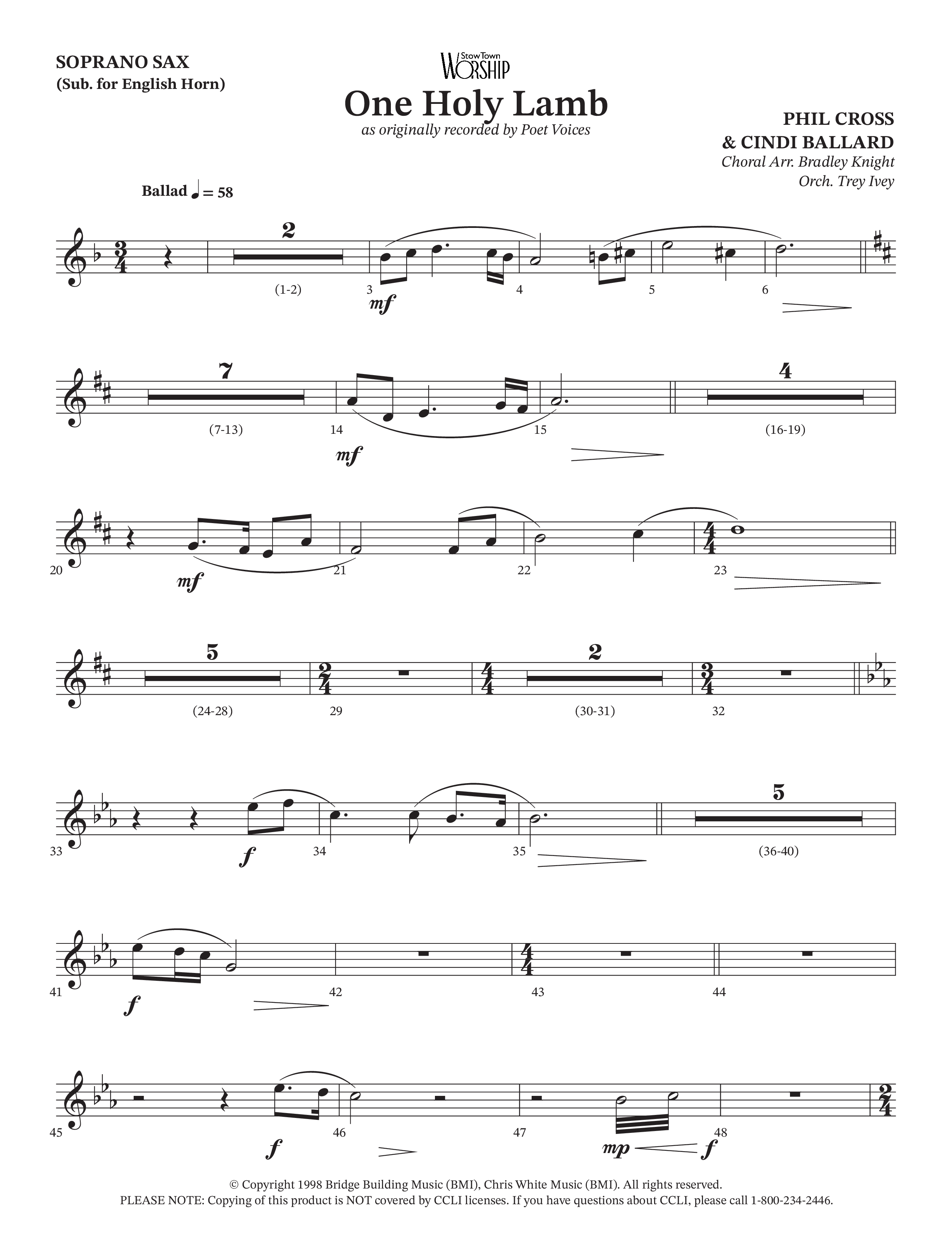 One Holy Lamb (Choral Anthem SATB) Soprano Sax (Arr. Bradley Knight / Orch. Trey Ivey / Poet Voices)