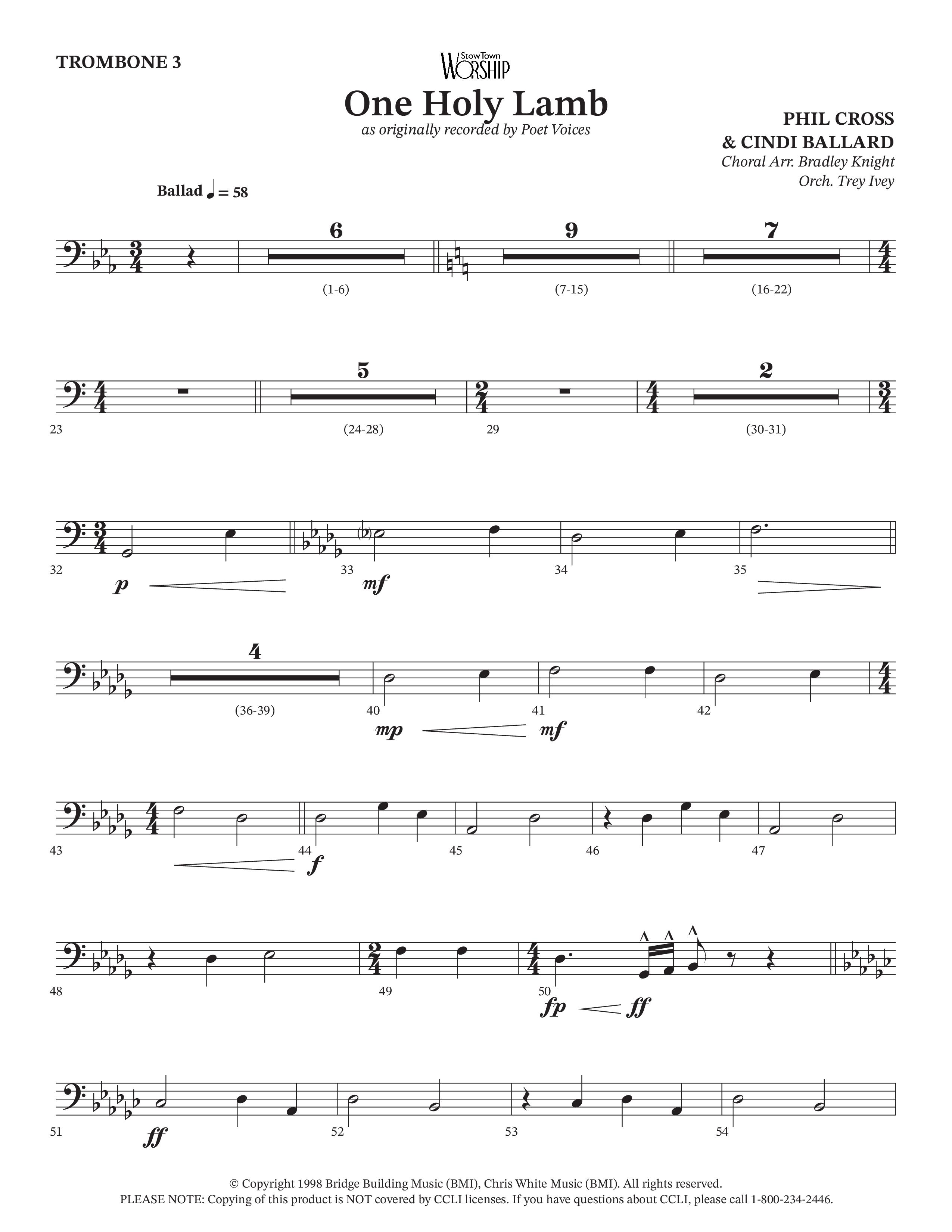 One Holy Lamb (Choral Anthem SATB) Trombone 3 (Arr. Bradley Knight / Orch. Trey Ivey / Poet Voices)