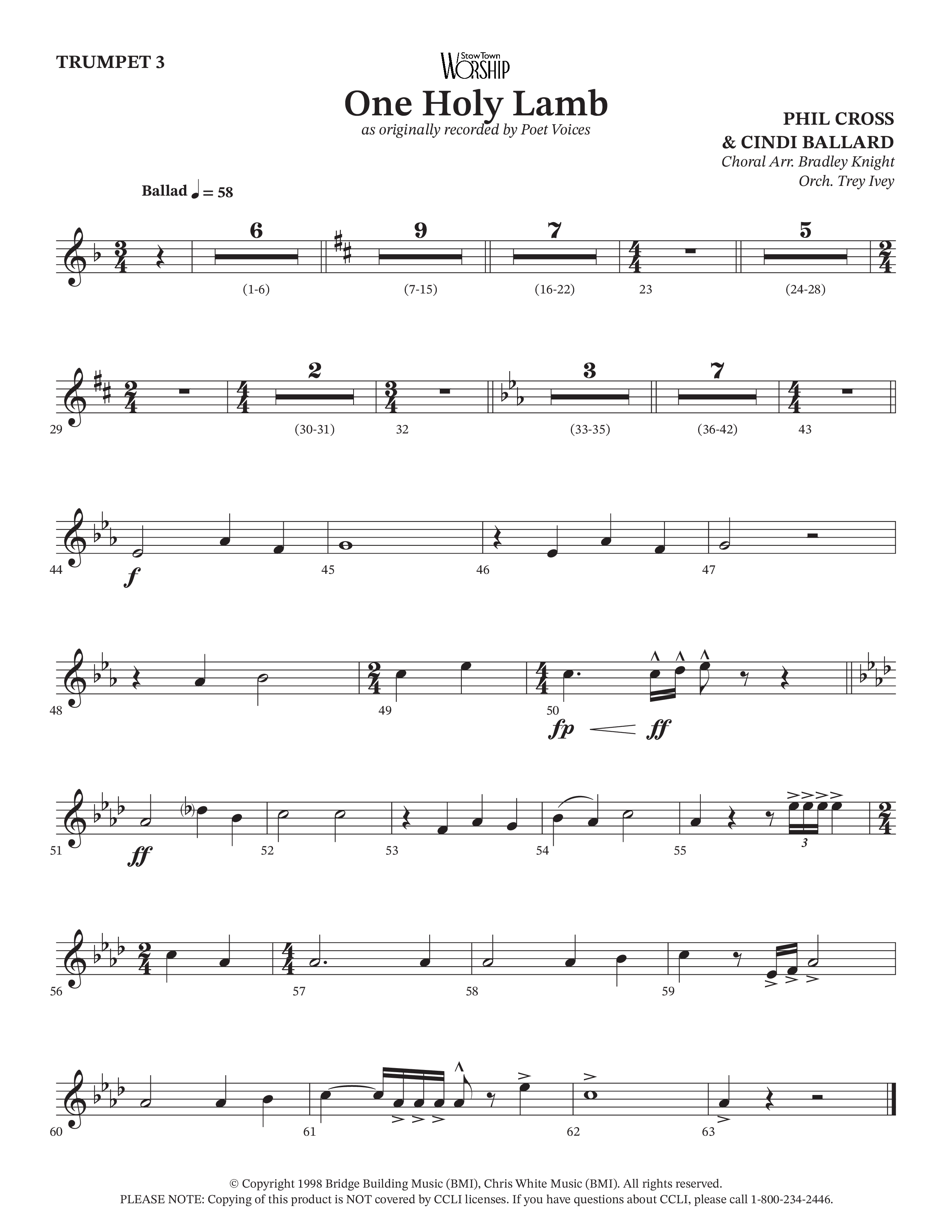 One Holy Lamb (Choral Anthem SATB) Trumpet 3 (Arr. Bradley Knight / Orch. Trey Ivey / Poet Voices)