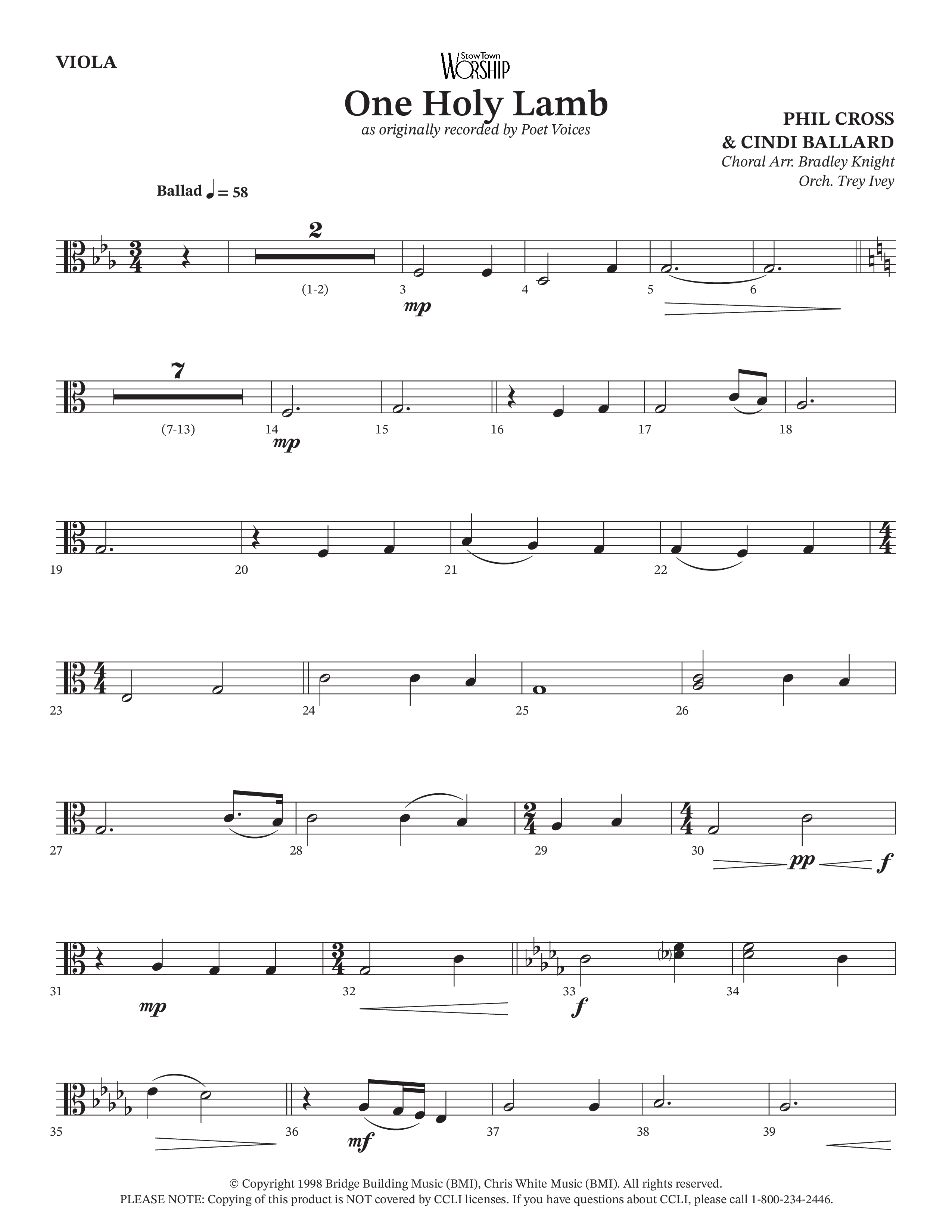 One Holy Lamb (Choral Anthem SATB) Viola (Arr. Bradley Knight / Orch. Trey Ivey / Poet Voices)