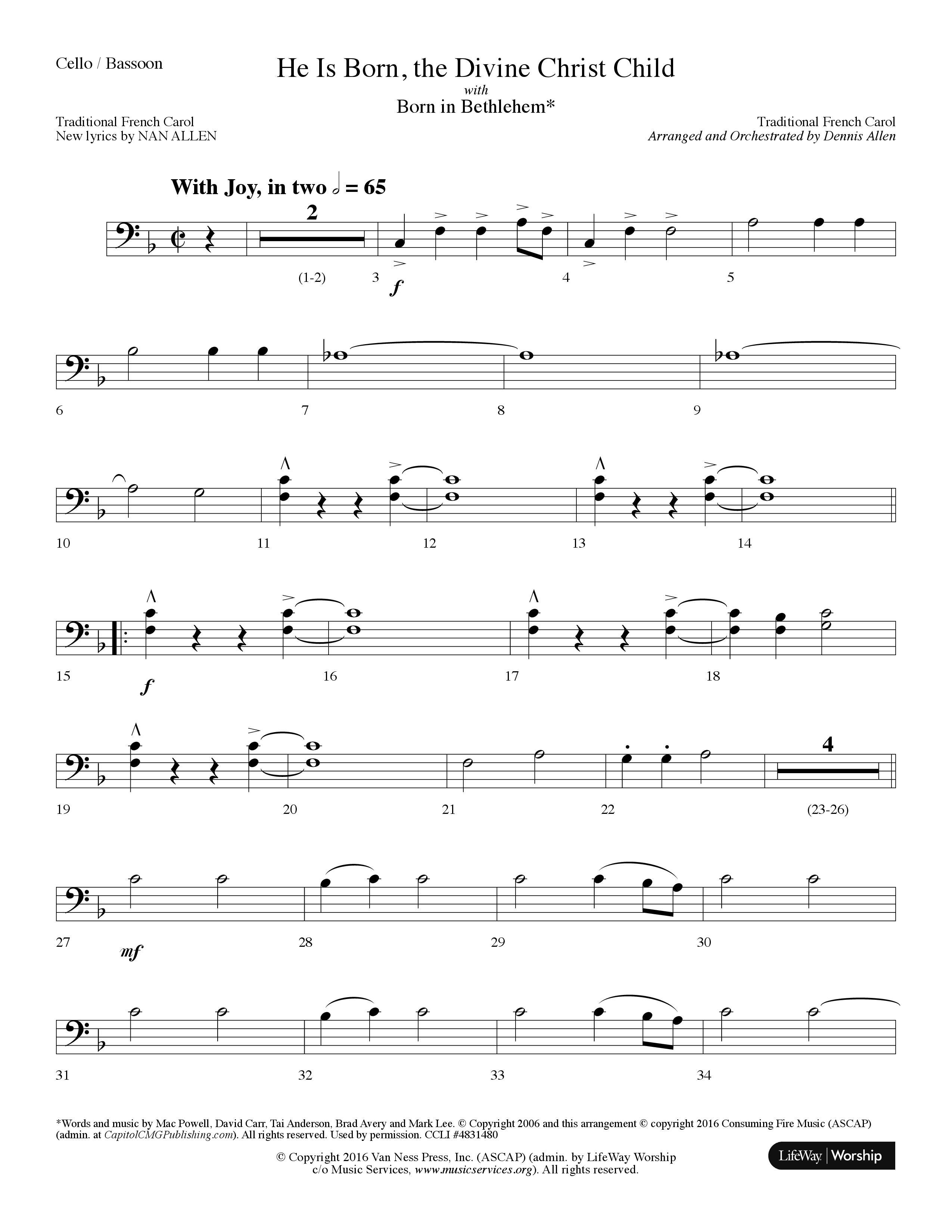 He is Born, the Divine Christ Child with Born in Bethlehem (Choral Anthem SATB) Cello (Lifeway Choral / Arr. Dennis Allen)