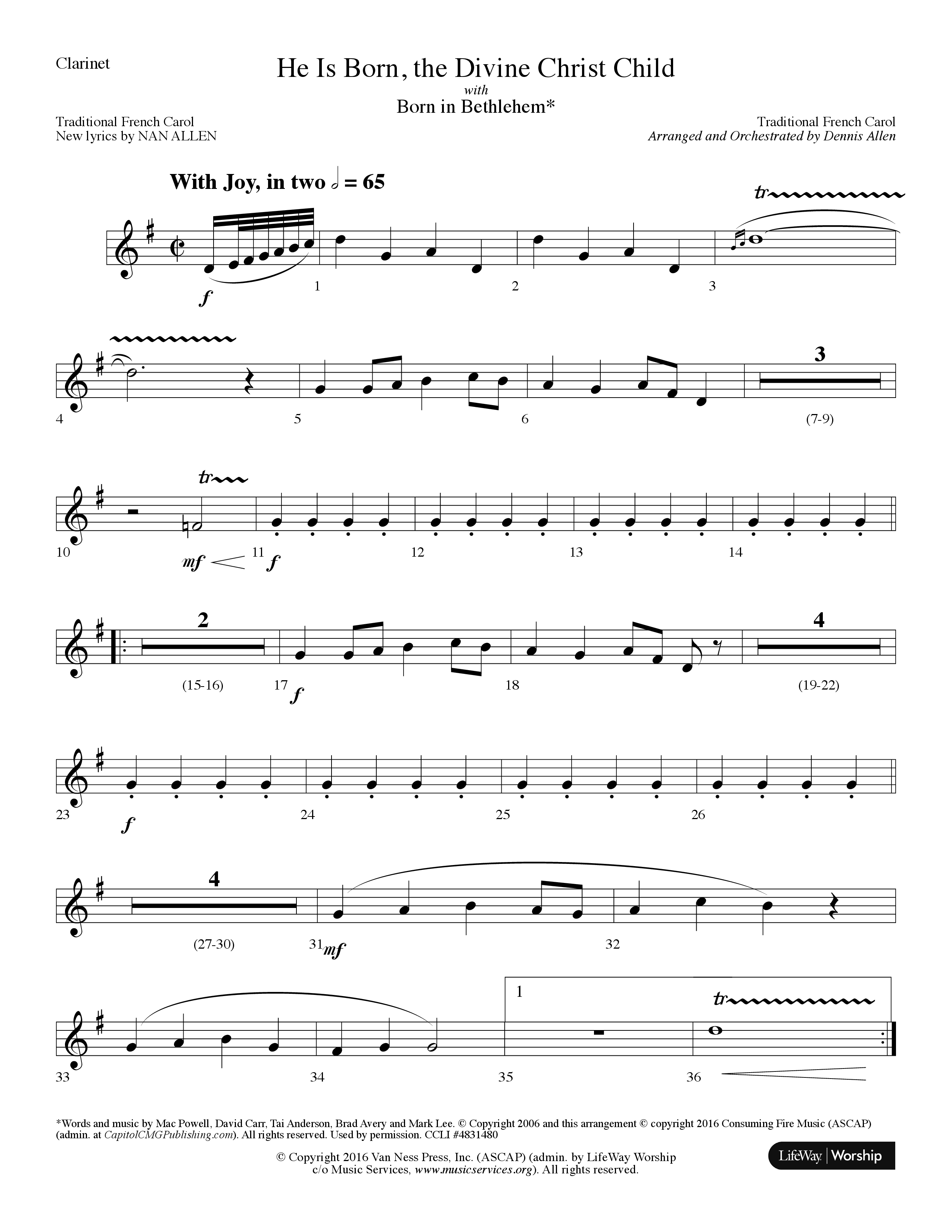 He is Born, the Divine Christ Child with Born in Bethlehem (Choral Anthem SATB) Clarinet (Lifeway Choral / Arr. Dennis Allen)