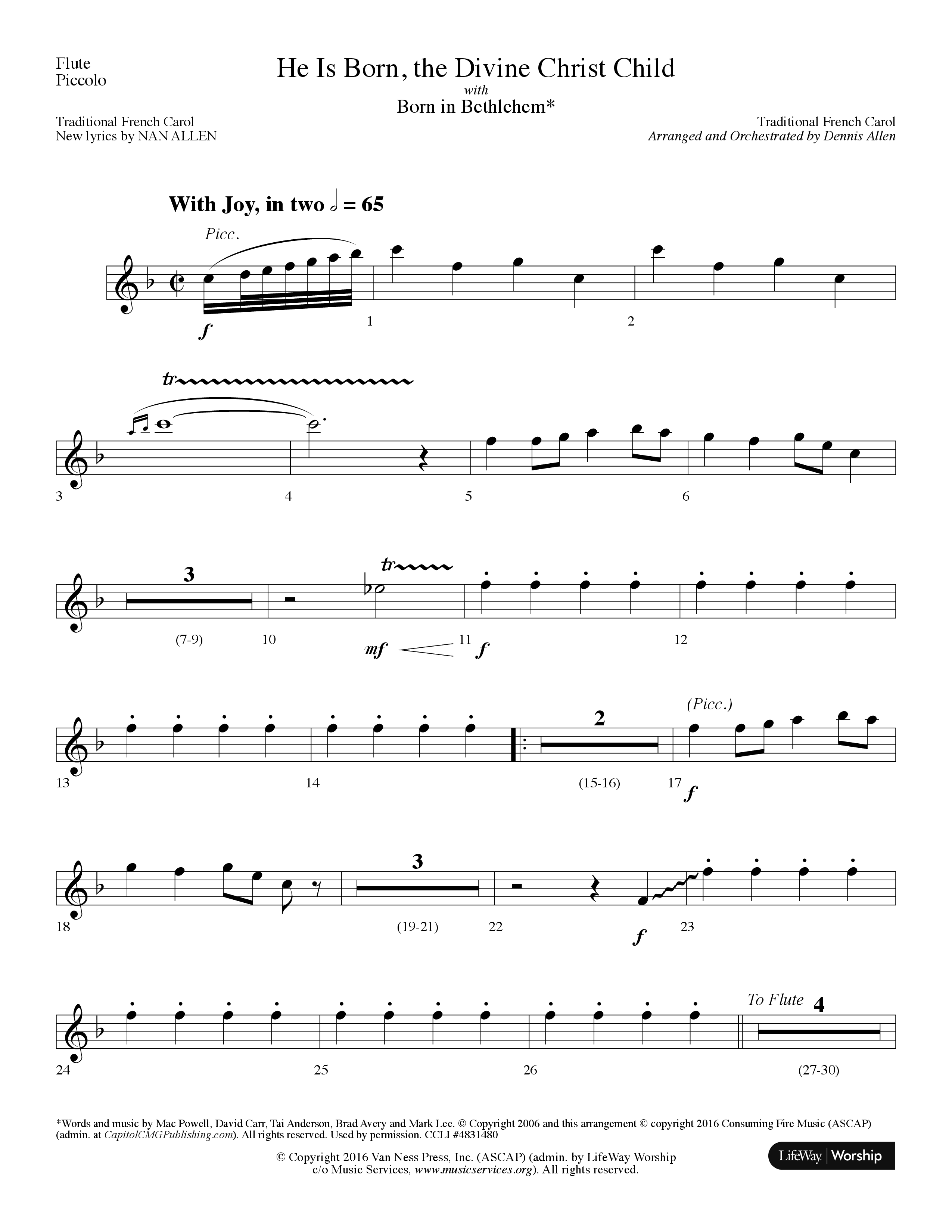 He is Born, the Divine Christ Child with Born in Bethlehem (Choral Anthem SATB) Flute/Piccolo (Lifeway Choral / Arr. Dennis Allen)