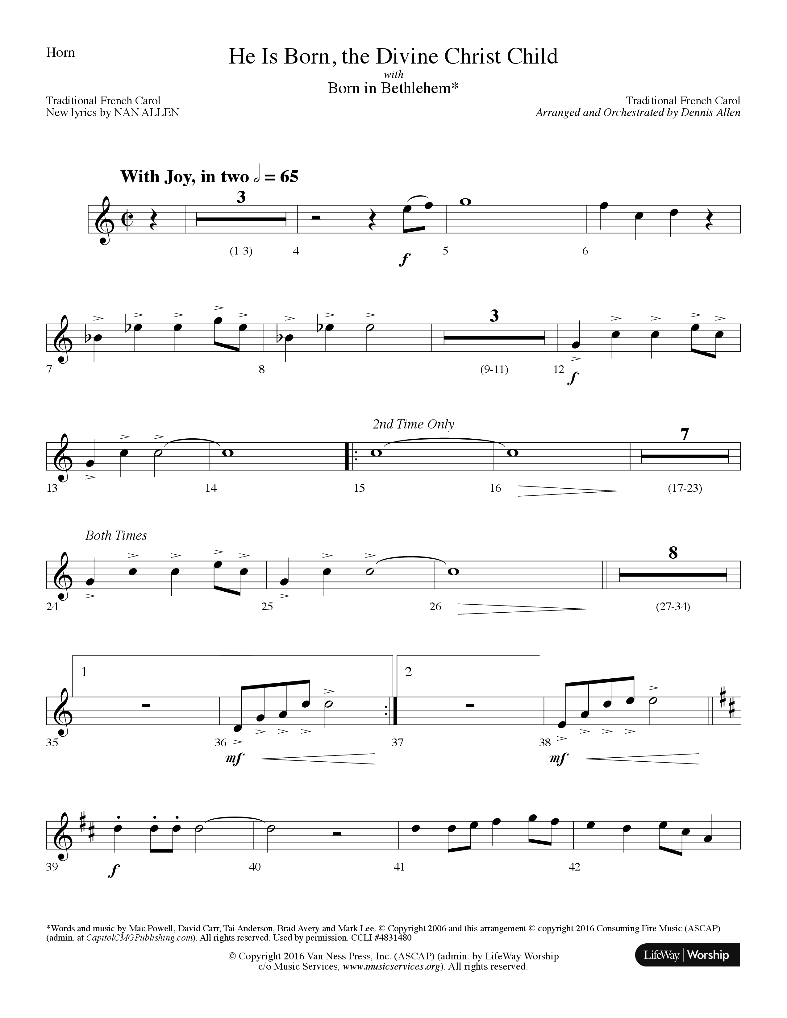 He is Born, the Divine Christ Child with Born in Bethlehem (Choral Anthem SATB) French Horn (Lifeway Choral / Arr. Dennis Allen)