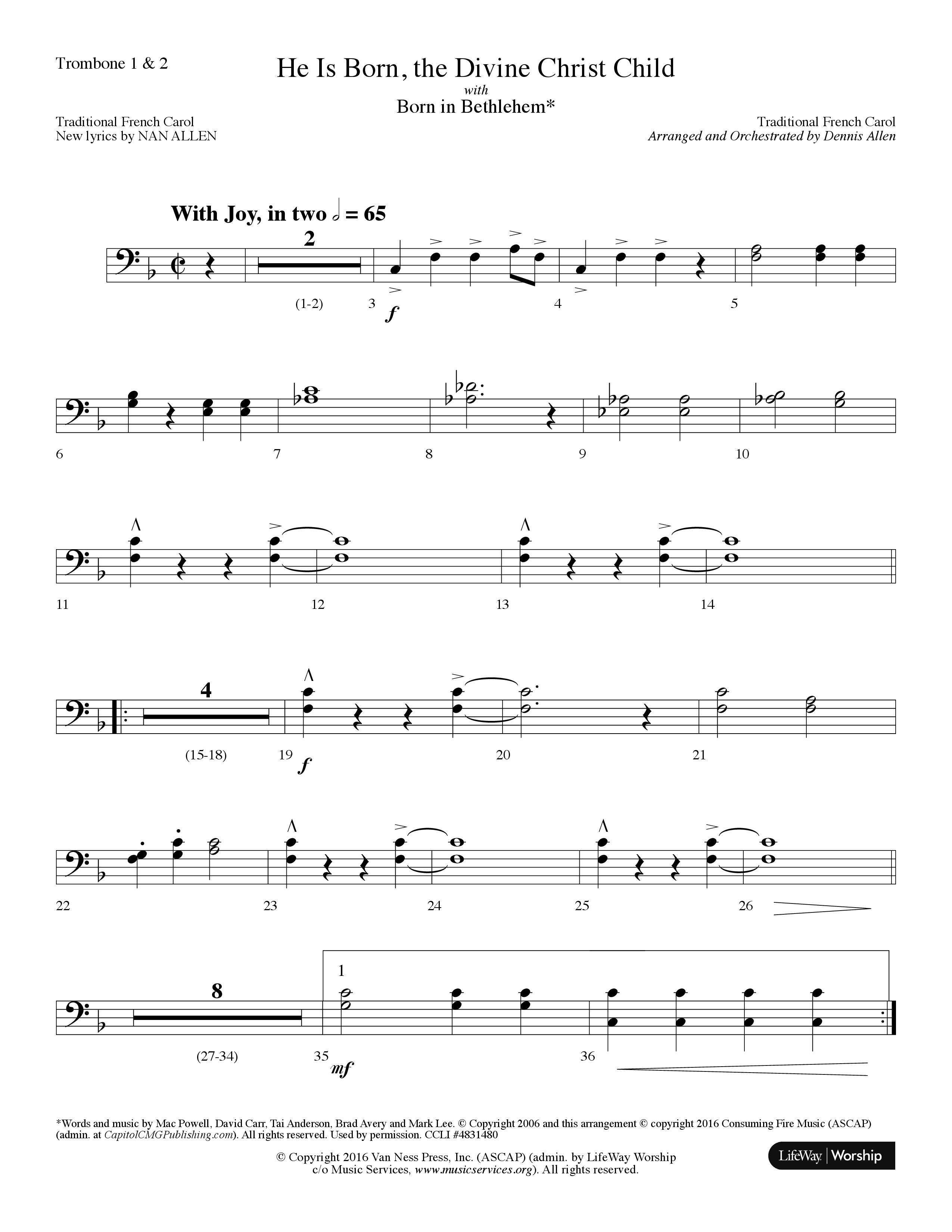 He is Born, the Divine Christ Child with Born in Bethlehem (Choral Anthem SATB) Trombone 1/2 (Lifeway Choral / Arr. Dennis Allen)