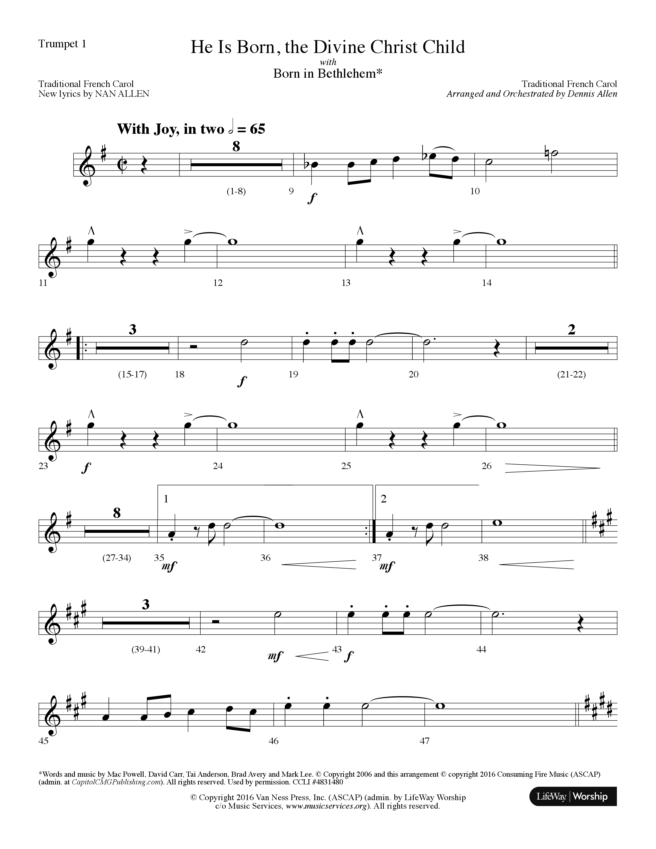 He is Born, the Divine Christ Child with Born in Bethlehem (Choral Anthem SATB) Trumpet 1 (Lifeway Choral / Arr. Dennis Allen)