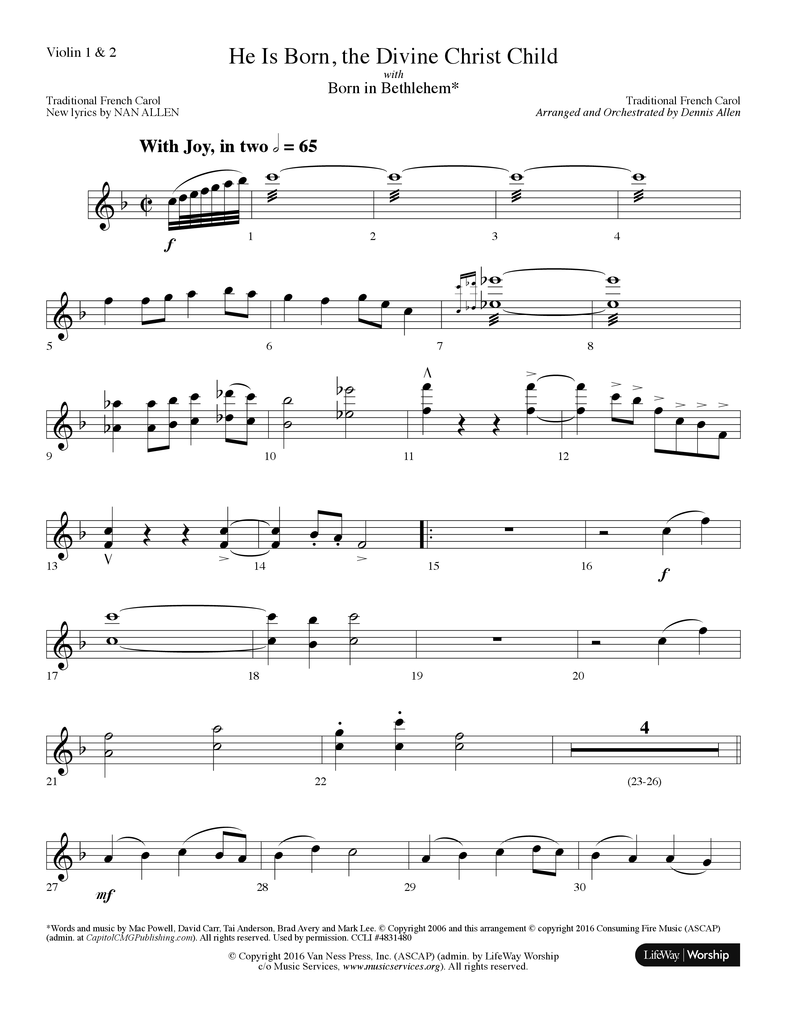 He is Born, the Divine Christ Child with Born in Bethlehem (Choral Anthem SATB) Violin 1/2 (Lifeway Choral / Arr. Dennis Allen)