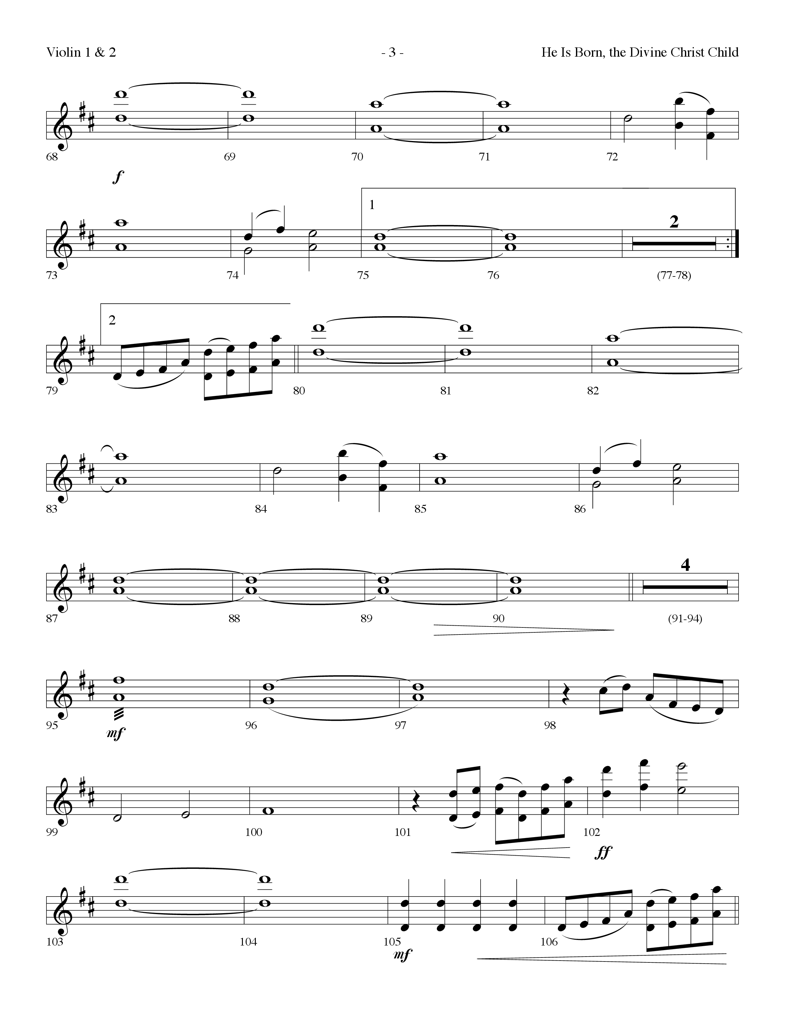 He is Born, the Divine Christ Child with Born in Bethlehem (Choral Anthem SATB) Violin 1/2 (Lifeway Choral / Arr. Dennis Allen)