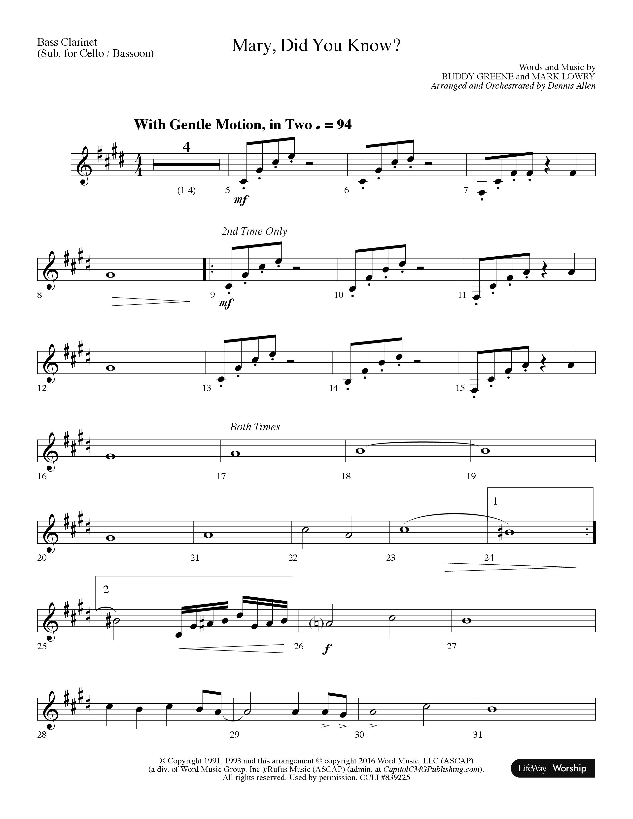 Mary Did You Know Choral Anthem SATB Bass Clarinet (Lifeway Choral / Arr. Dennis Allen)